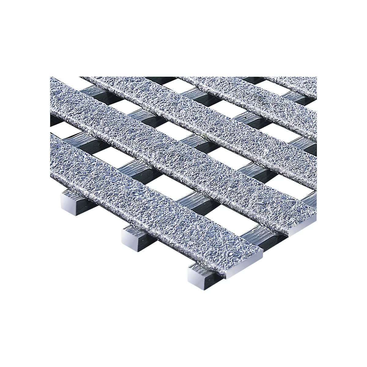Grating made of gray textured material with dark metal bars.
