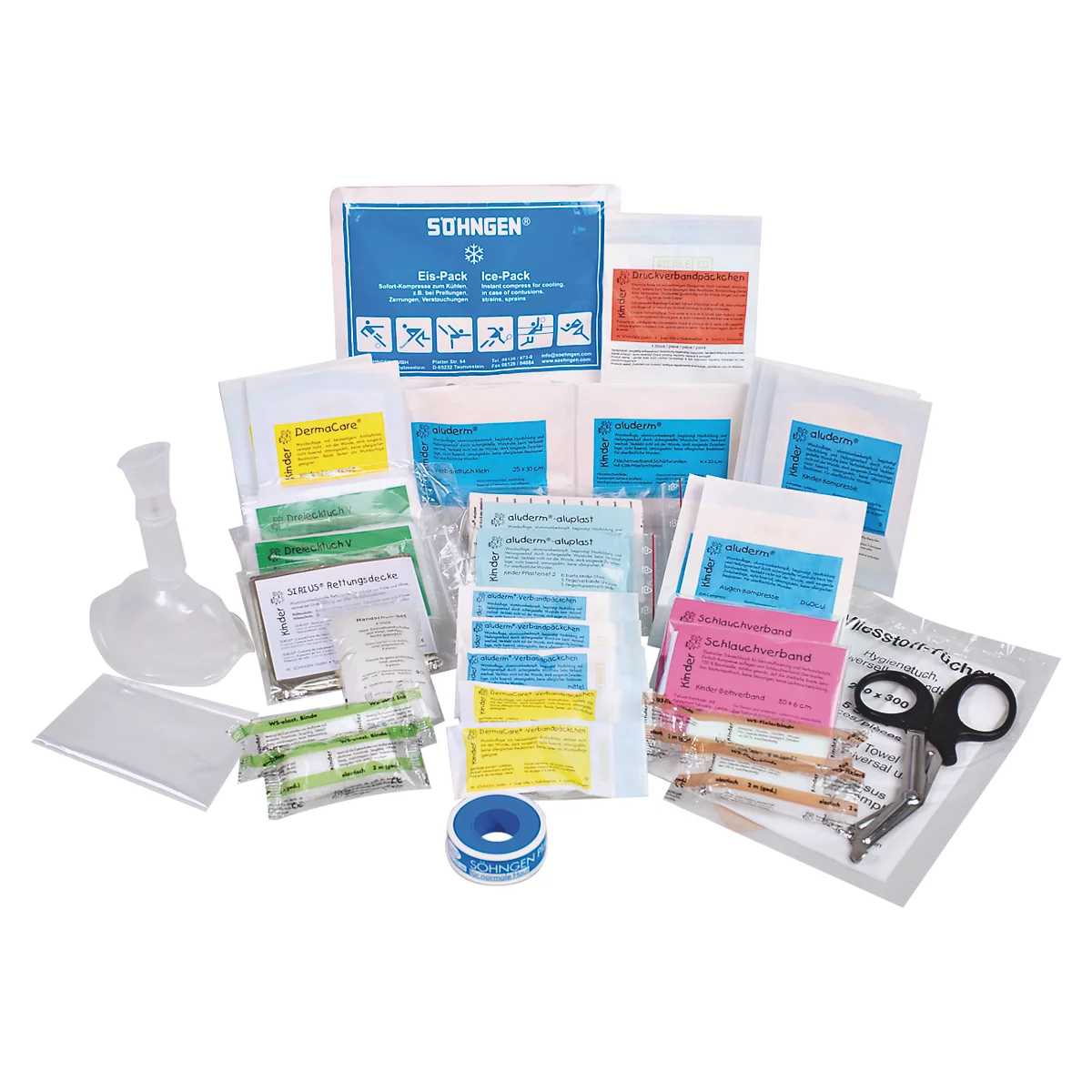 EHBO-kit met diverse medische artikelen, verpakt in kleine zakjes.