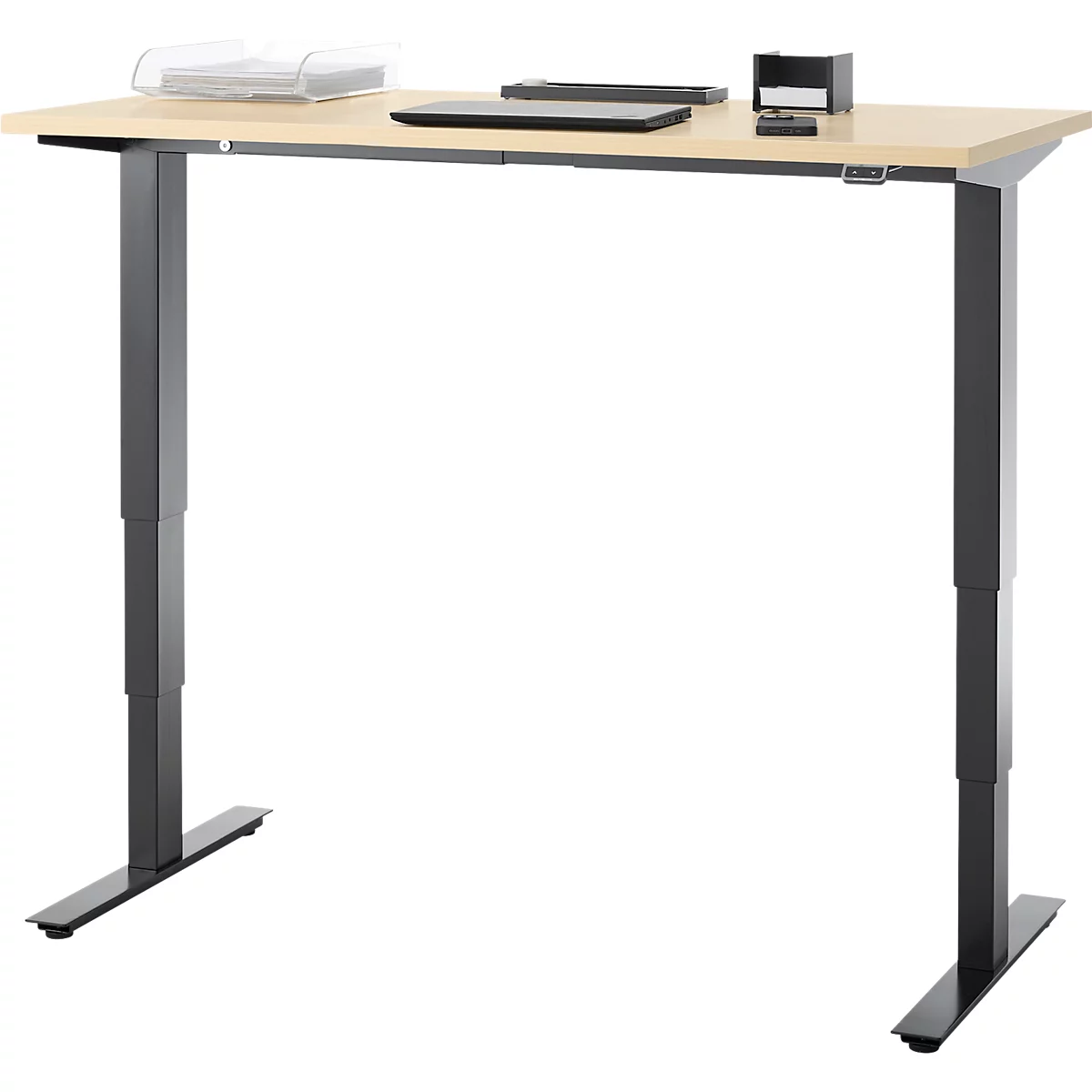 EHV Schreibtisch, elektrisch höhenverstellbar, bis 100 kg, 605–1265 mm, T-Fuß ohne Traverse, Up/Down-Panel, B 1300 x T 650, Ahorn/schwarz