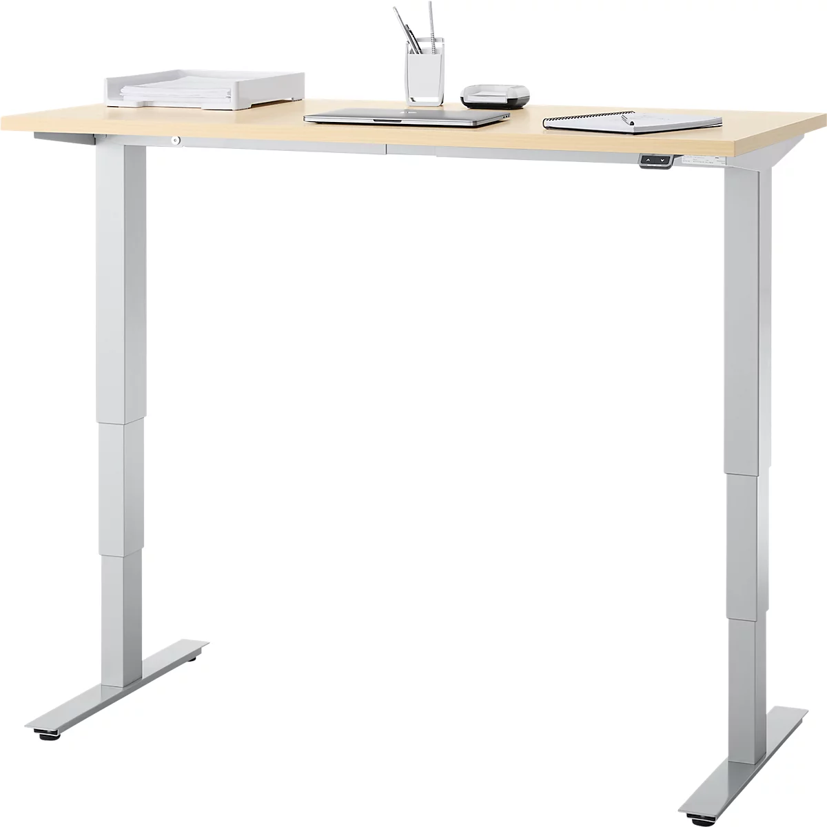 EHV Schreibtisch, elektrisch höhenverstellbar, bis 100 kg, 605–1265 mm, T-Fuß ohne Traverse, Up/Down-Panel, B 1300 x T 650, Ahorn/silber