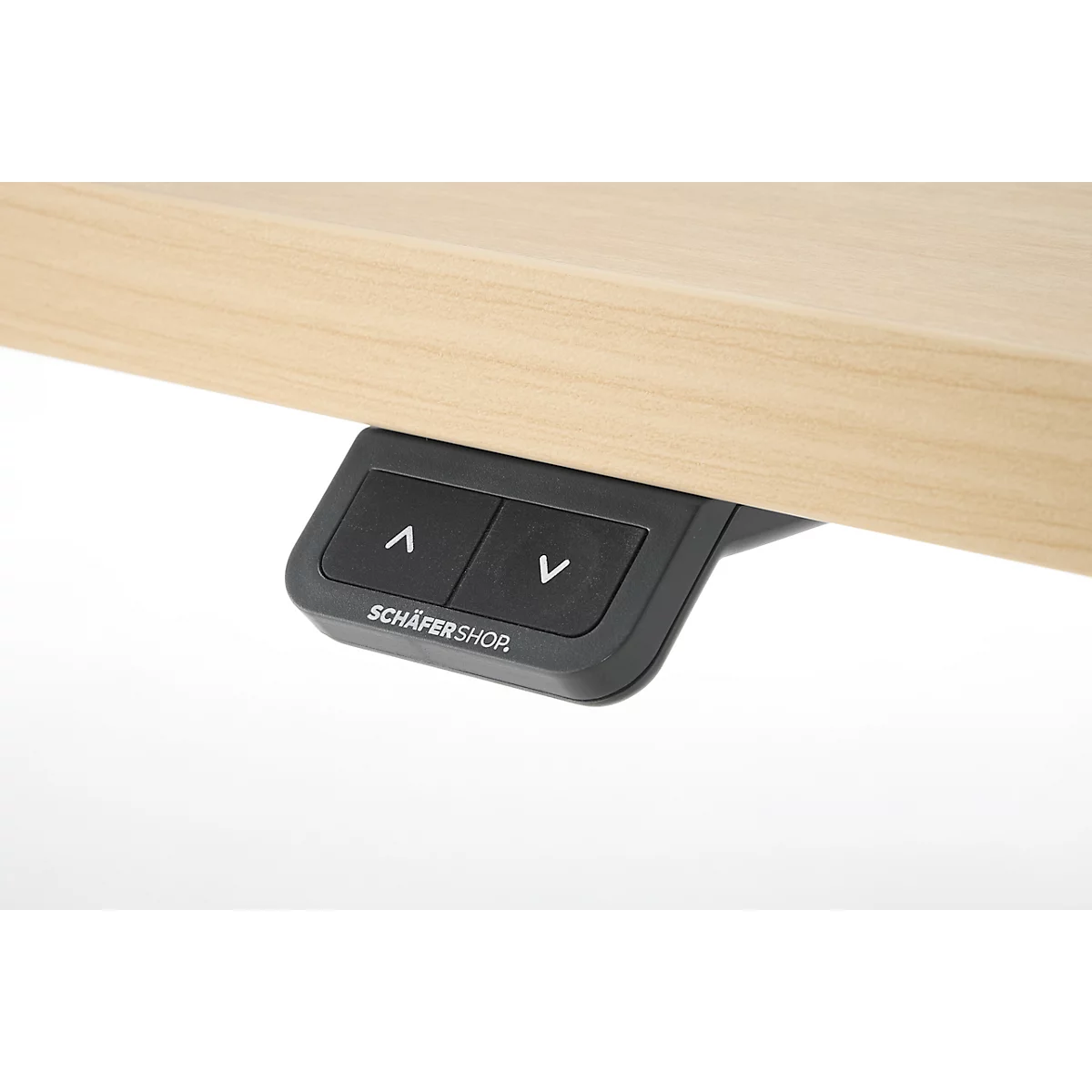EHV Schreibtisch, elektrisch höhenverstellbar, bis 100 kg, 605–1265 mm, T-Fuß ohne Traverse, Up/Down-Panel, B 1300 x T 650, Ahorn/weiß