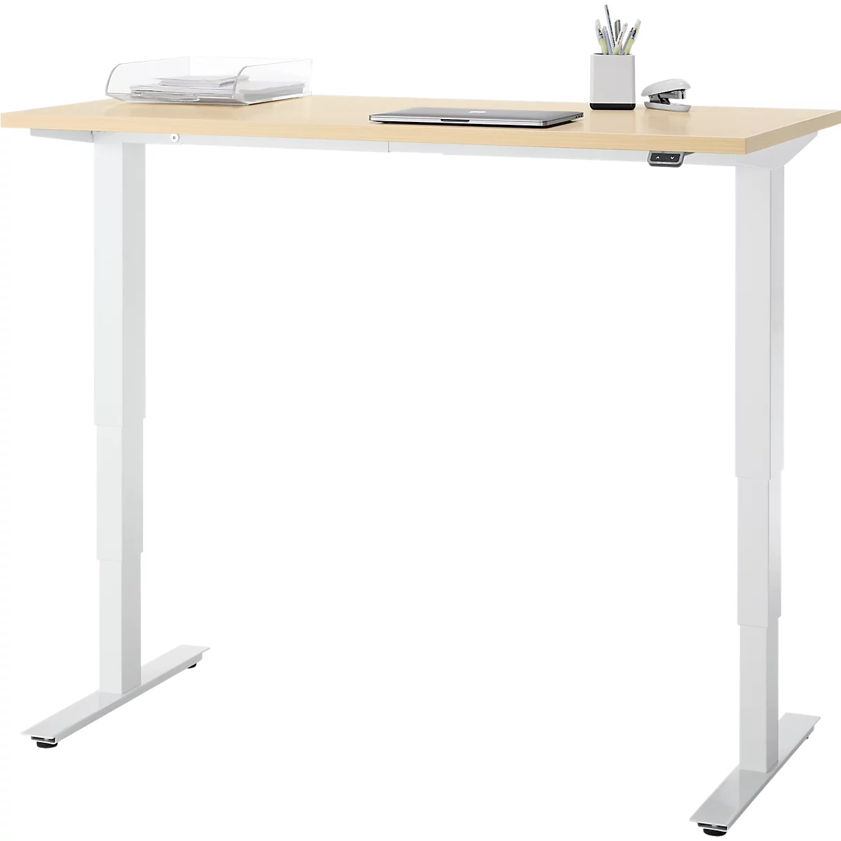 EHV Schreibtisch, elektrisch höhenverstellbar, bis 100 kg, 605–1265 mm, T-Fuß ohne Traverse, Up/Down-Panel, B 1300 x T 650, Ahorn/weiß