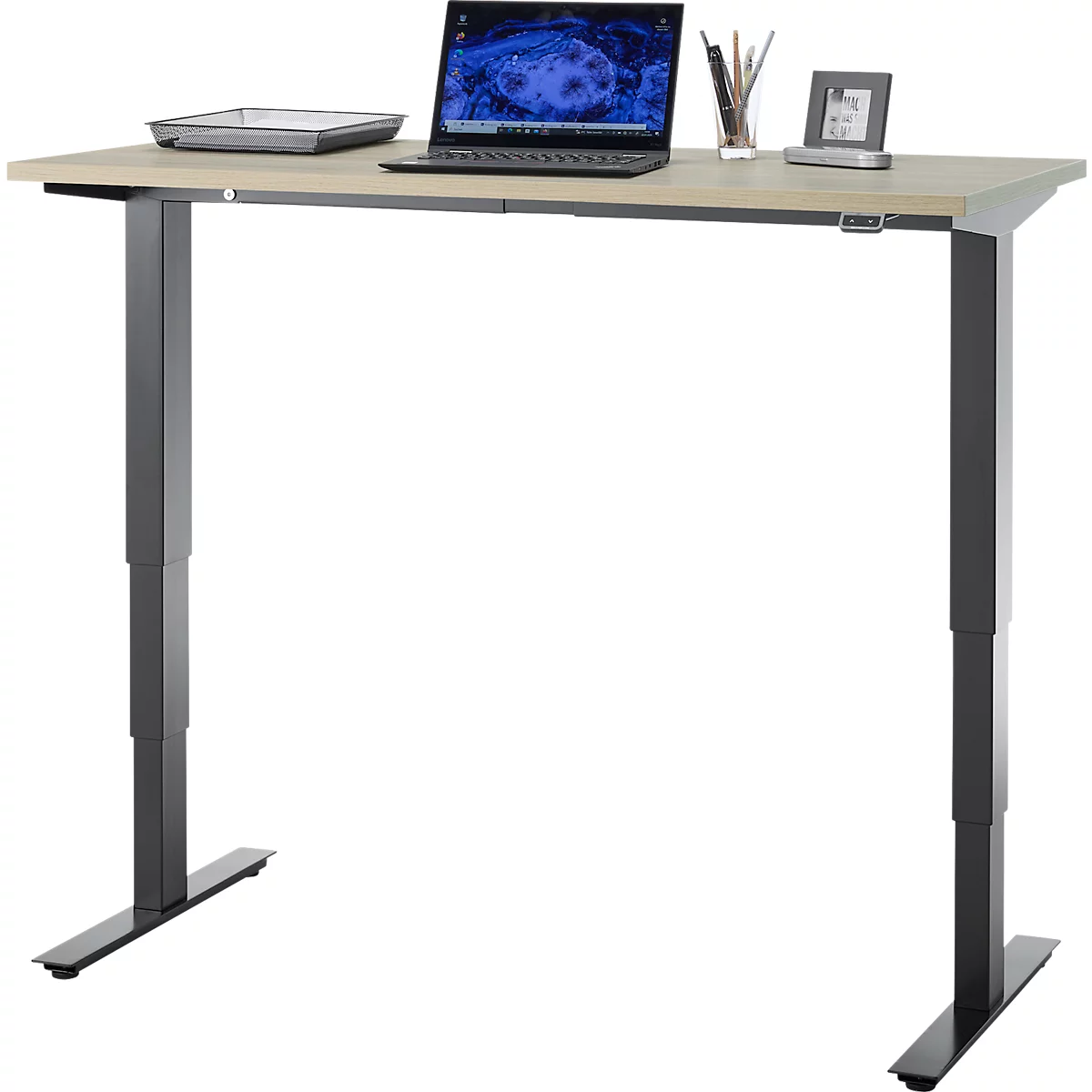 EHV Schreibtisch, elektrisch höhenverstellbar, bis 100 kg, 605–1265 mm, T-Fuß ohne Traverse, Up/Down-Panel, B 1300 x T 650, Eiche/schwarz