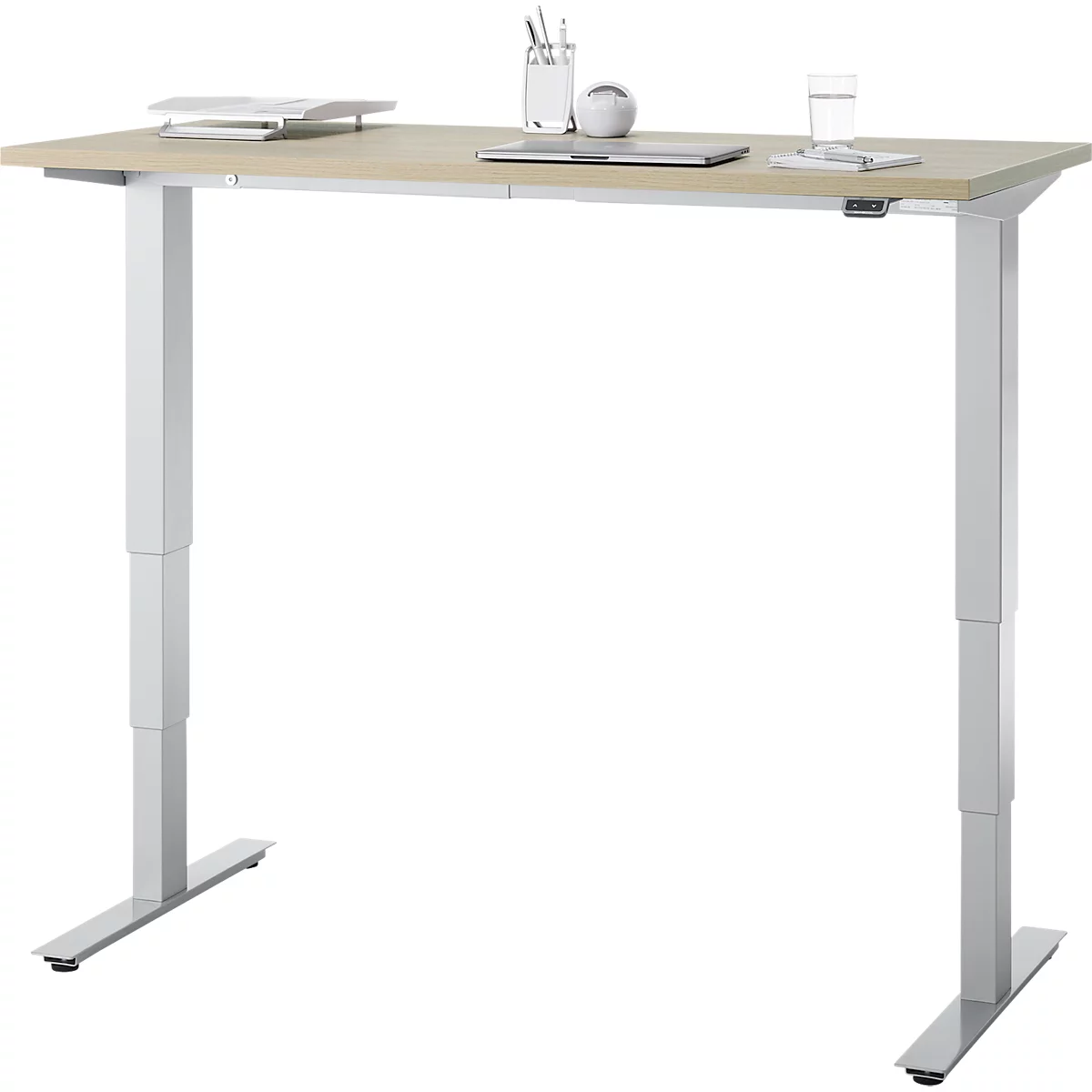 EHV Schreibtisch, elektrisch höhenverstellbar, bis 100 kg, 605–1265 mm, T-Fuß ohne Traverse, Up/Down-Panel, B 1300 x T 650, Eiche/silber
