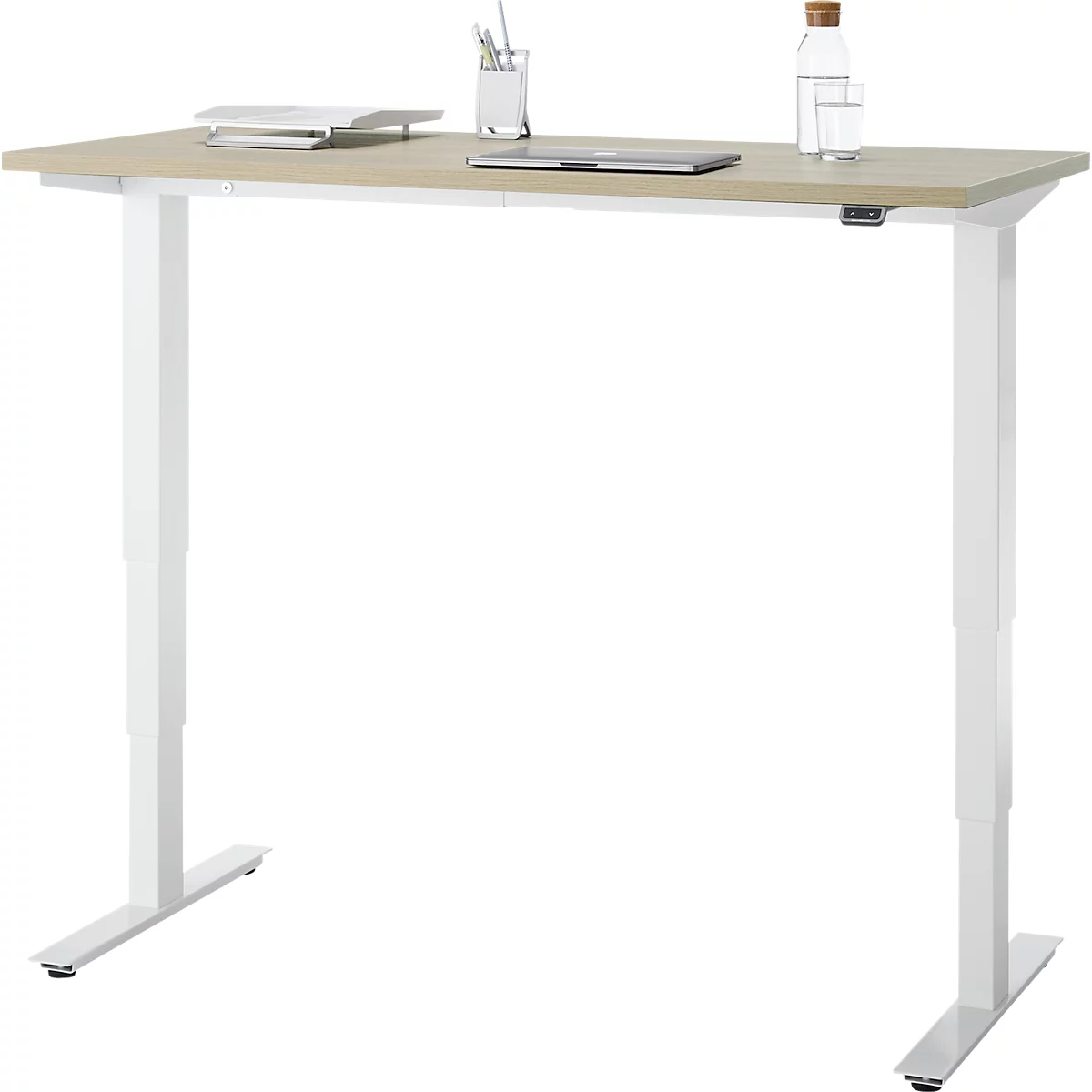 EHV Schreibtisch, elektrisch höhenverstellbar, bis 100 kg, 605–1265 mm, T-Fuß ohne Traverse, Up/Down-Panel, B 1300 x T 650, Eiche/weiß
