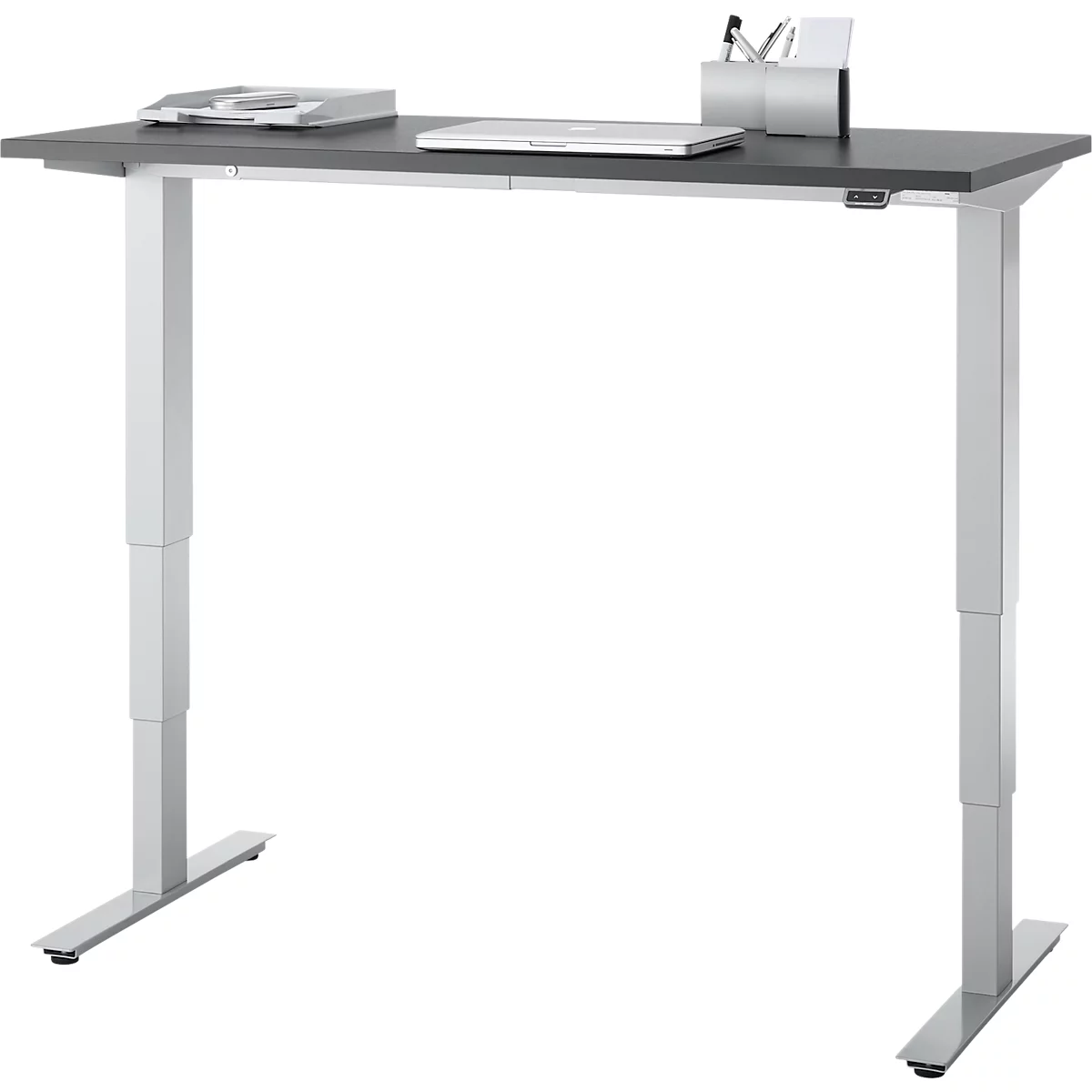 EHV Schreibtisch, elektrisch höhenverstellbar, bis 100 kg, 605–1265 mm, T-Fuß ohne Traverse, Up/Down-Panel, B 1300 x T 650, graphit/silber