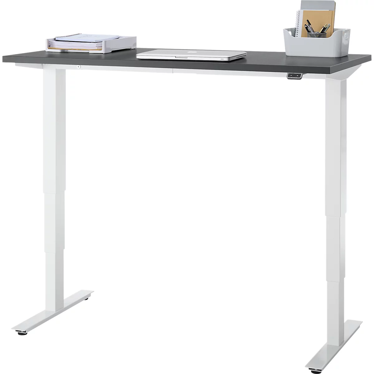 EHV Schreibtisch, elektrisch höhenverstellbar, bis 100 kg, 605–1265 mm, T-Fuß ohne Traverse, Up/Down-Panel, B 1300 x T 650, graphit/weiß