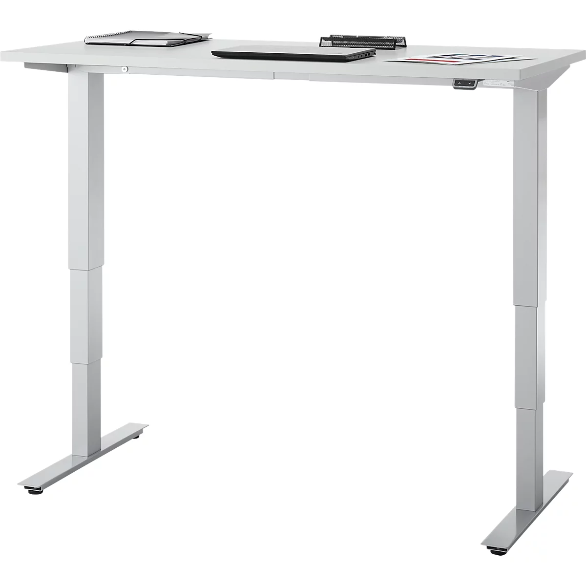 EHV Schreibtisch, elektrisch höhenverstellbar, bis 100 kg, 605–1265 mm, T-Fuß ohne Traverse, Up/Down-Panel, B 1300 x T 650, lichtgrau/silber