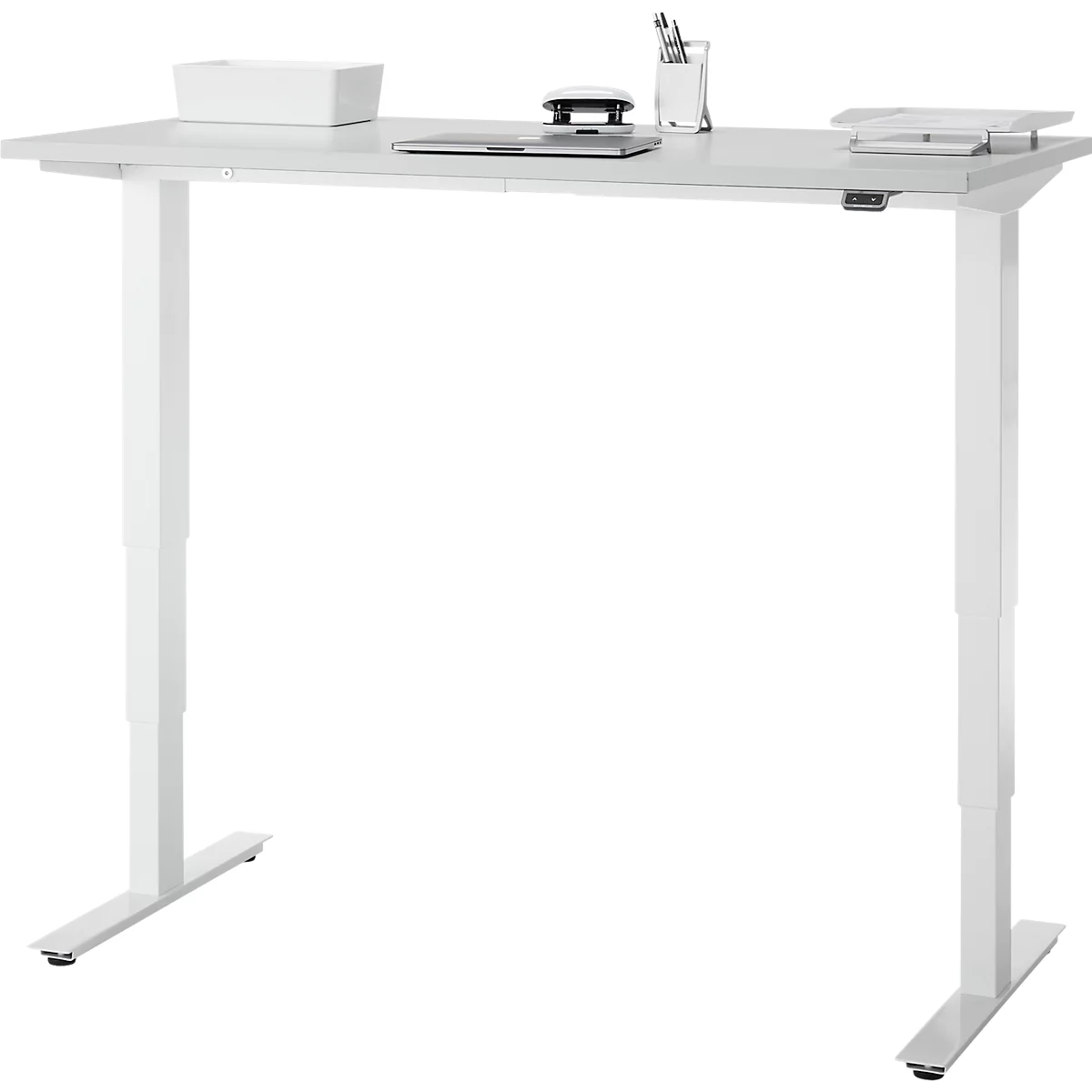 EHV Schreibtisch, elektrisch höhenverstellbar, bis 100 kg, 605–1265 mm, T-Fuß ohne Traverse, Up/Down-Panel, B 1300 x T 650, lichtgrau/weiß