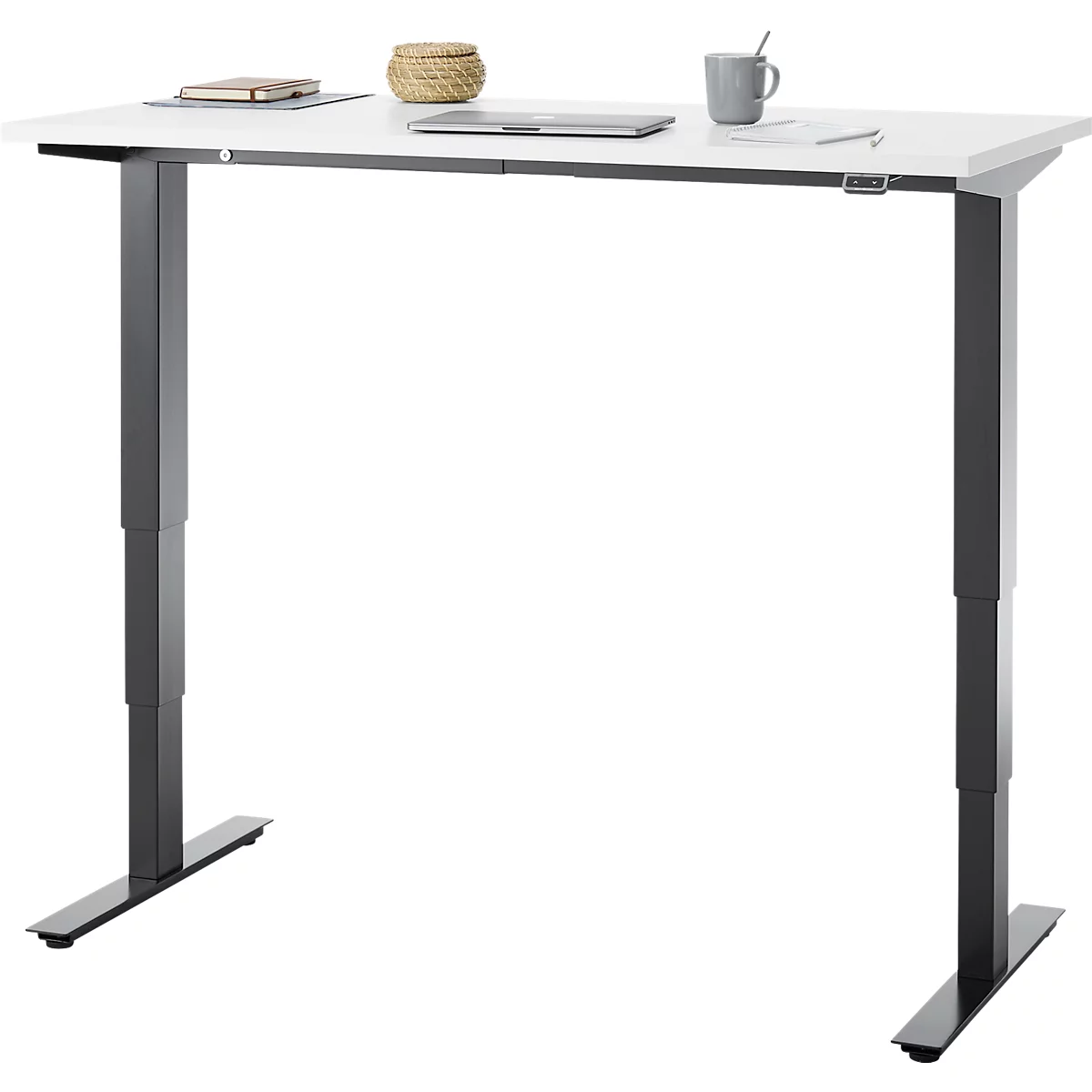 EHV Schreibtisch, elektrisch höhenverstellbar, bis 100 kg, 605–1265 mm, T-Fuß ohne Traverse, Up/Down-Panel, B 1300 x T 650, weiß/schwarz