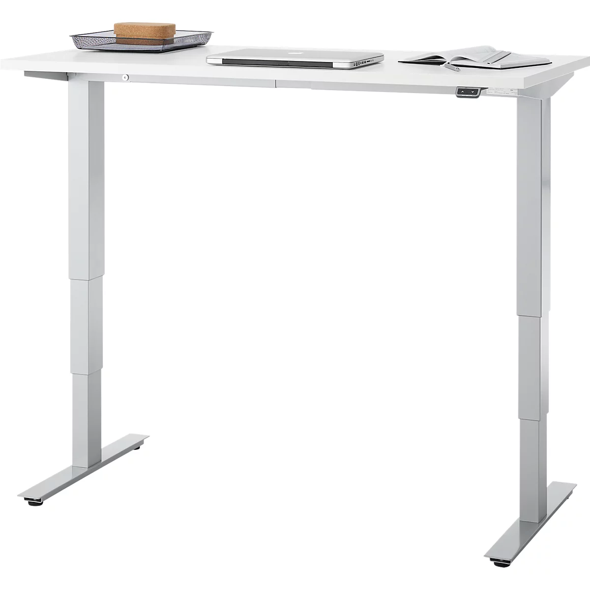 EHV Schreibtisch, elektrisch höhenverstellbar, bis 100 kg, 605–1265 mm, T-Fuß ohne Traverse, Up/Down-Panel, B 1300 x T 650, weiß/silber