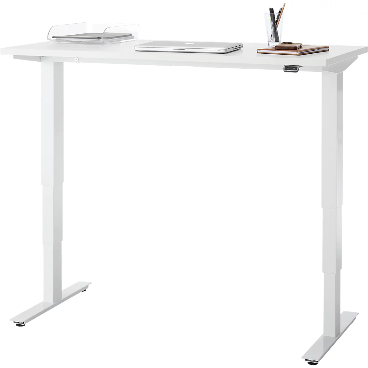 EHV Schreibtisch, elektrisch höhenverstellbar, bis 100 kg, 605–1265 mm, T-Fuß ohne Traverse, Up/Down-Panel, B 1300 x T 650, weiß/weiß