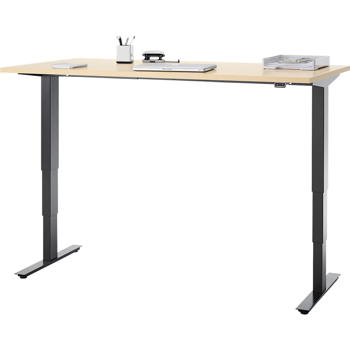 EHV Schreibtisch, elektrisch höhenverstellbar, bis 100 kg, 605–1265 mm, T-Fuß ohne Traverse, Up/Down-Panel, B 1600 x T 800, Ahorn/schwarz