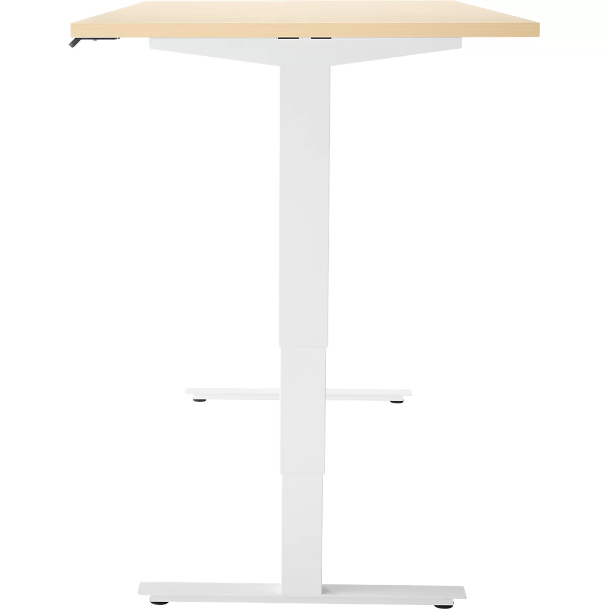 EHV Schreibtisch, elektrisch höhenverstellbar, bis 100 kg, 605–1265 mm, T-Fuß ohne Traverse, Up/Down-Panel, B 1600 x T 800, Ahorn/weiß
