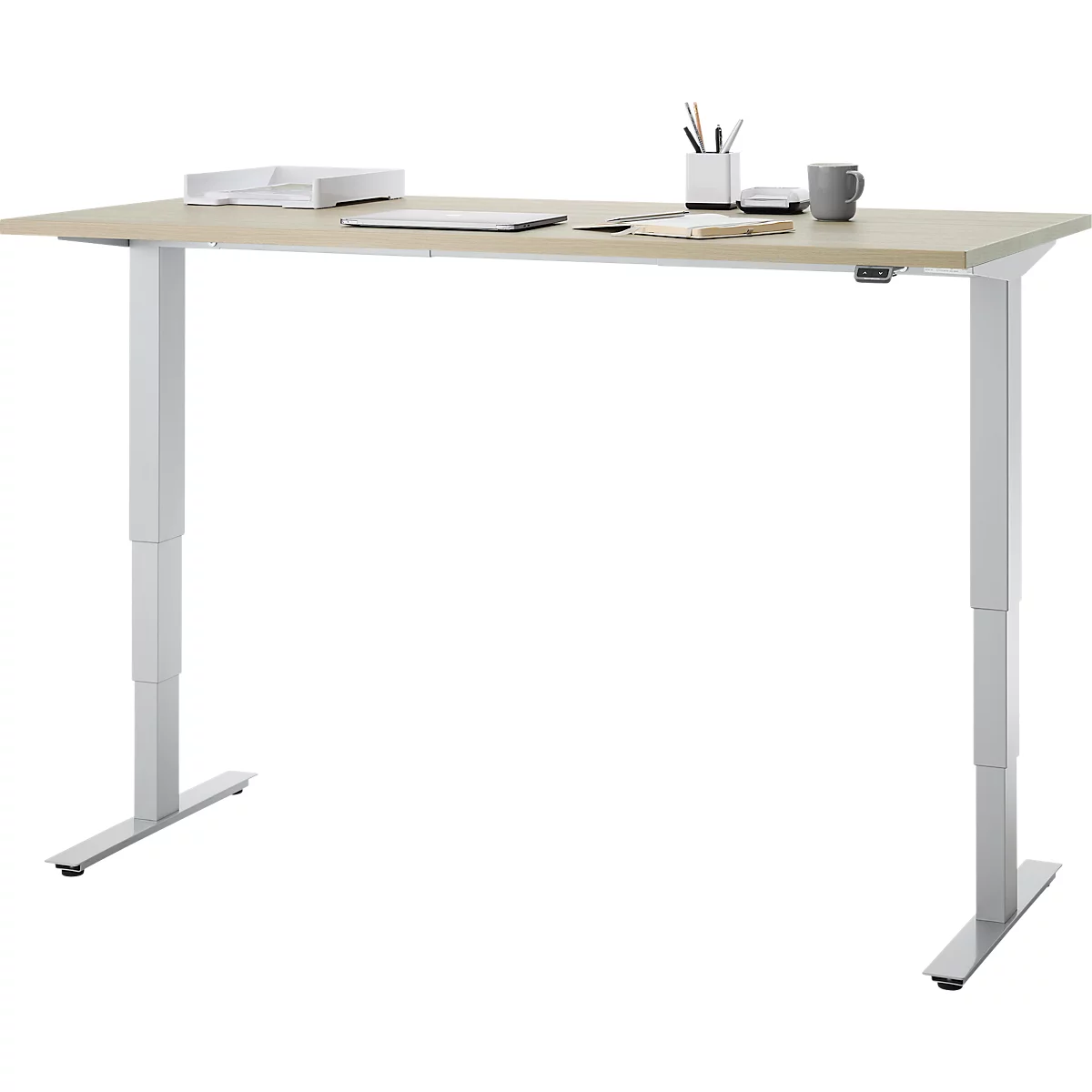 EHV Schreibtisch, elektrisch höhenverstellbar, bis 100 kg, 605–1265 mm, T-Fuß ohne Traverse, Up/Down-Panel, B 1600 x T 800, Eiche/silber