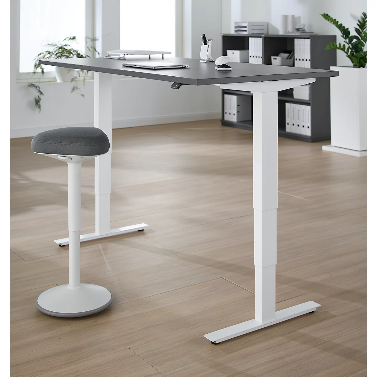 EHV Schreibtisch, elektrisch höhenverstellbar, bis 100 kg, 605–1265 mm, T-Fuß ohne Traverse, Up/Down-Panel, B 1600 x T 800, graphit/weiß