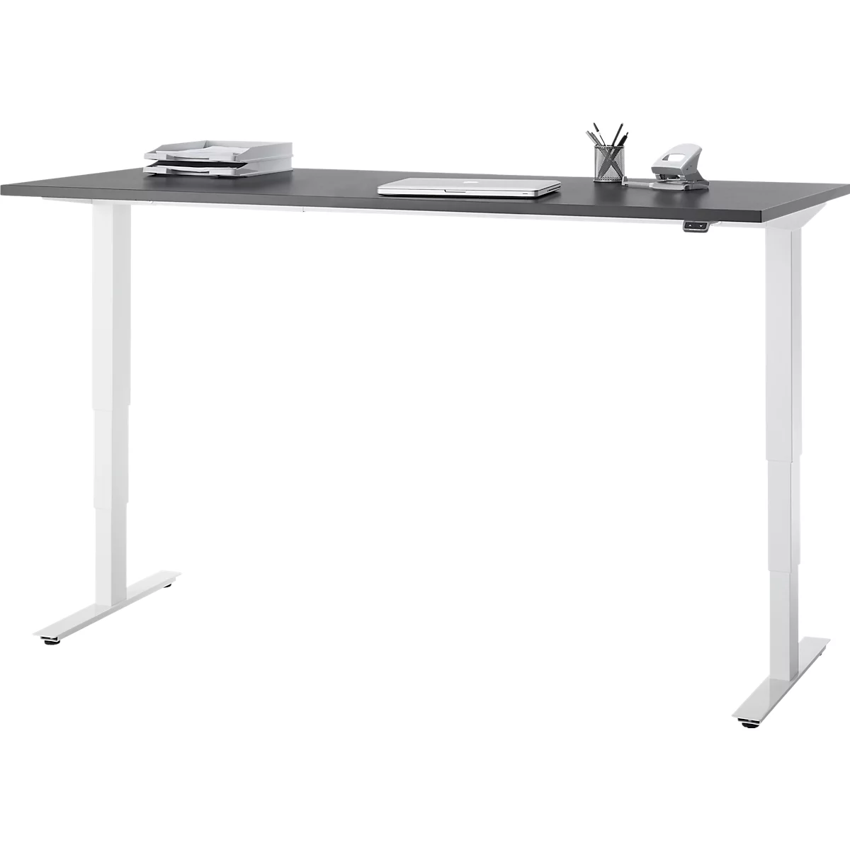 EHV Schreibtisch, elektrisch höhenverstellbar, bis 100 kg, 605–1265 mm, T-Fuß ohne Traverse, Up/Down-Panel, B 1600 x T 800, graphit/weiß