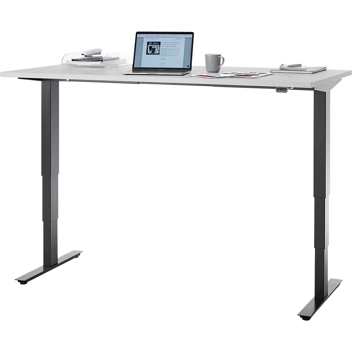 EHV Schreibtisch, elektrisch höhenverstellbar, bis 100 kg, 605–1265 mm, T-Fuß ohne Traverse, Up/Down-Panel, B 1600 x T 800, lichtgrau/schwarz