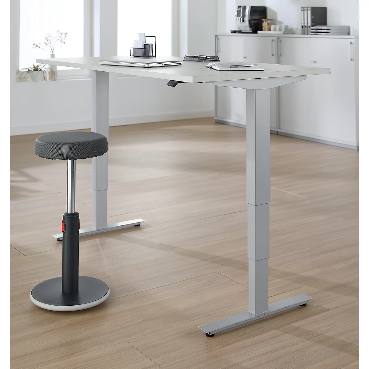 EHV Schreibtisch, elektrisch höhenverstellbar, bis 100 kg, 605–1265 mm, T-Fuß ohne Traverse, Up/Down-Panel, B 1600 x T 800, lichtgrau/silber