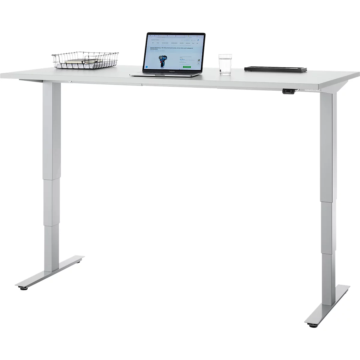 EHV Schreibtisch, elektrisch höhenverstellbar, bis 100 kg, 605–1265 mm, T-Fuß ohne Traverse, Up/Down-Panel, B 1600 x T 800, lichtgrau/silber