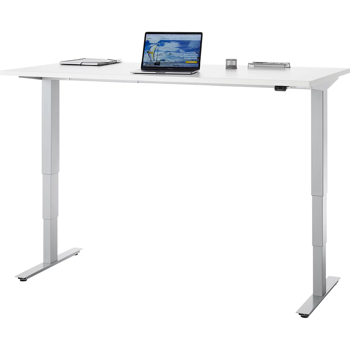 EHV Schreibtisch, elektrisch höhenverstellbar, bis 100 kg, 605–1265 mm, T-Fuß ohne Traverse, Up/Down-Panel, B 1600 x T 800, weiß/silber