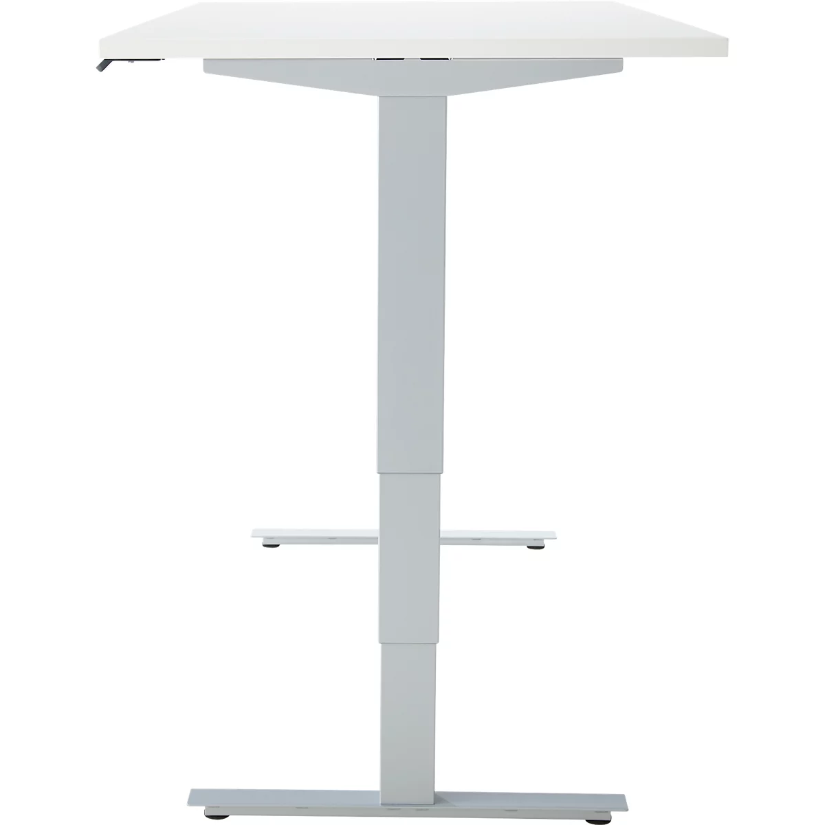EHV Schreibtisch, elektrisch höhenverstellbar, bis 100 kg, 605–1265 mm, T-Fuß ohne Traverse, Up/Down-Panel, B 1600 x T 800, weiß/silber