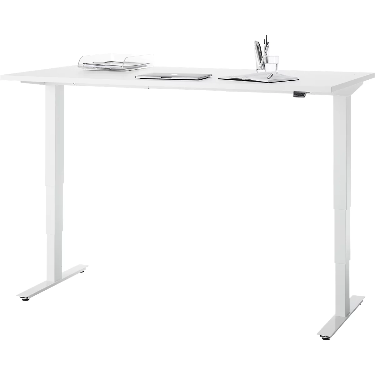 EHV Schreibtisch, elektrisch höhenverstellbar, bis 100 kg, 605–1265 mm, T-Fuß ohne Traverse, Up/Down-Panel, B 1600 x T 800, weiß/weiß