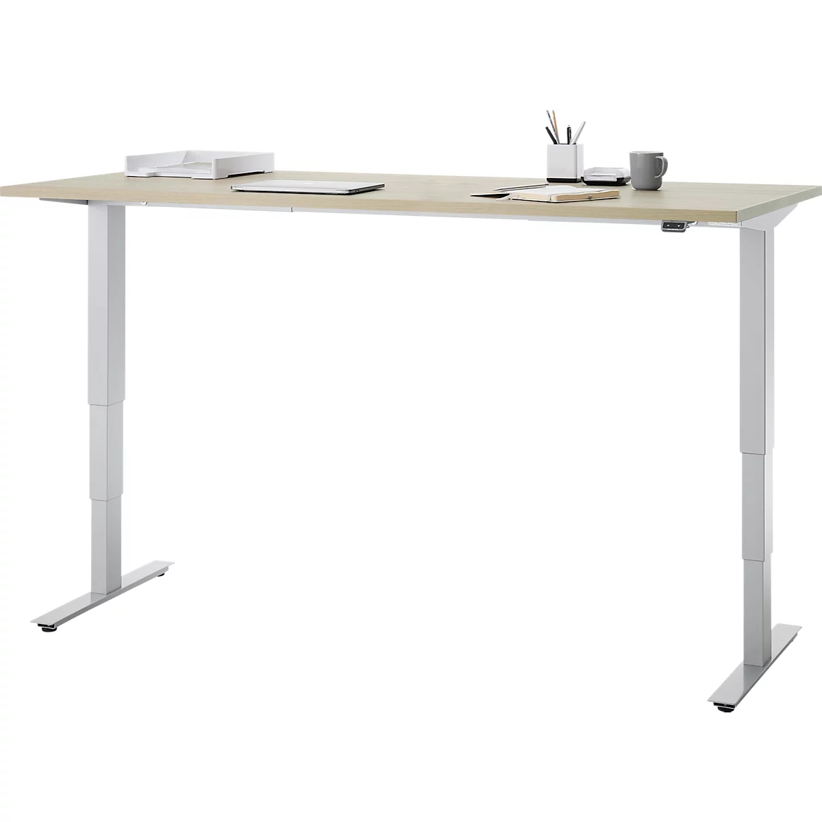 EHV Schreibtisch, elektrisch höhenverstellbar, bis 100 kg, 605–1265 mm, T-Fuß ohne Traverse, Up/Down-Panel, B 1800 x T 800, Eiche/silber