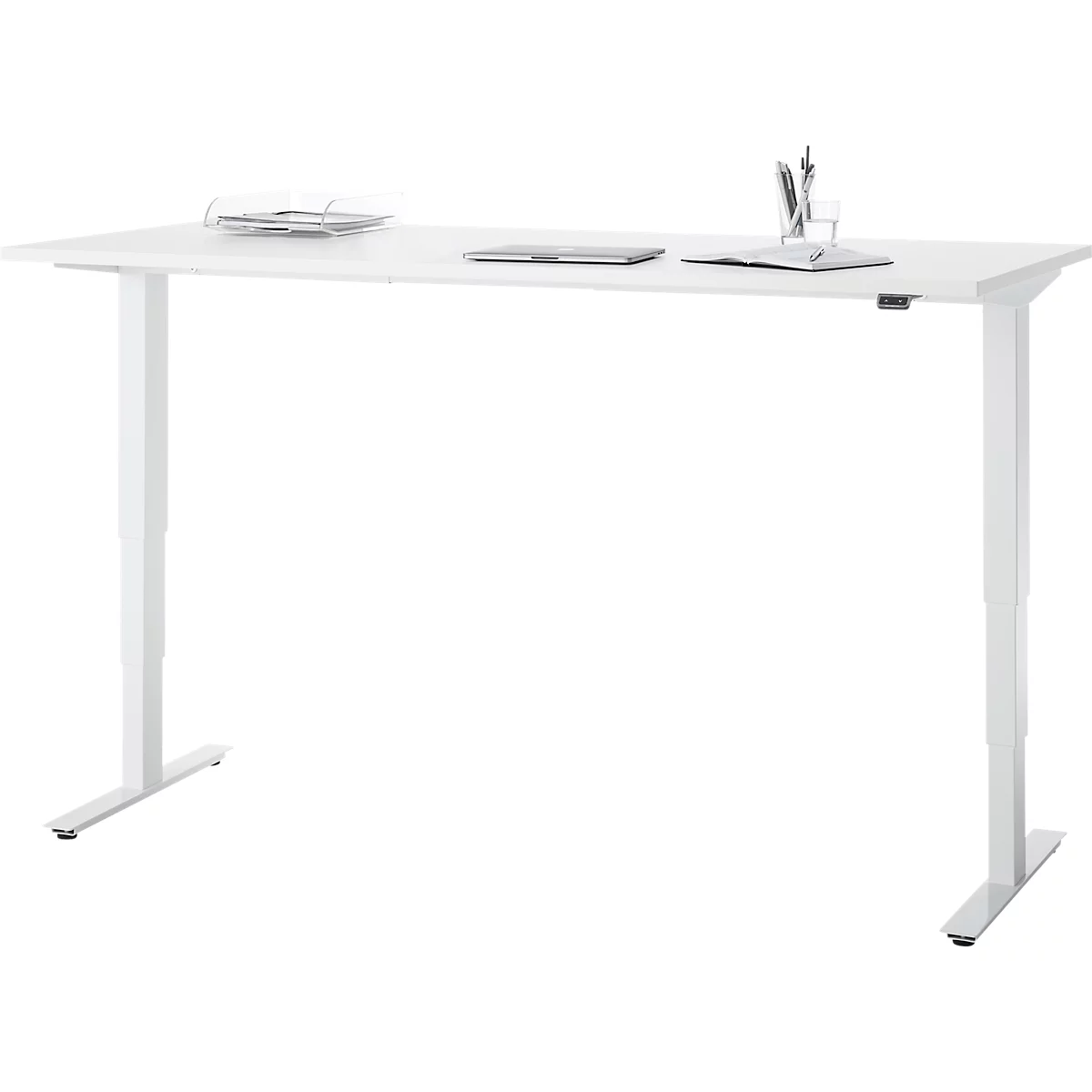 EHV Schreibtisch, elektrisch höhenverstellbar, bis 100 kg, 605–1265 mm, T-Fuß ohne Traverse, Up/Down-Panel, B 1800 x T 800, weiß/weiß
