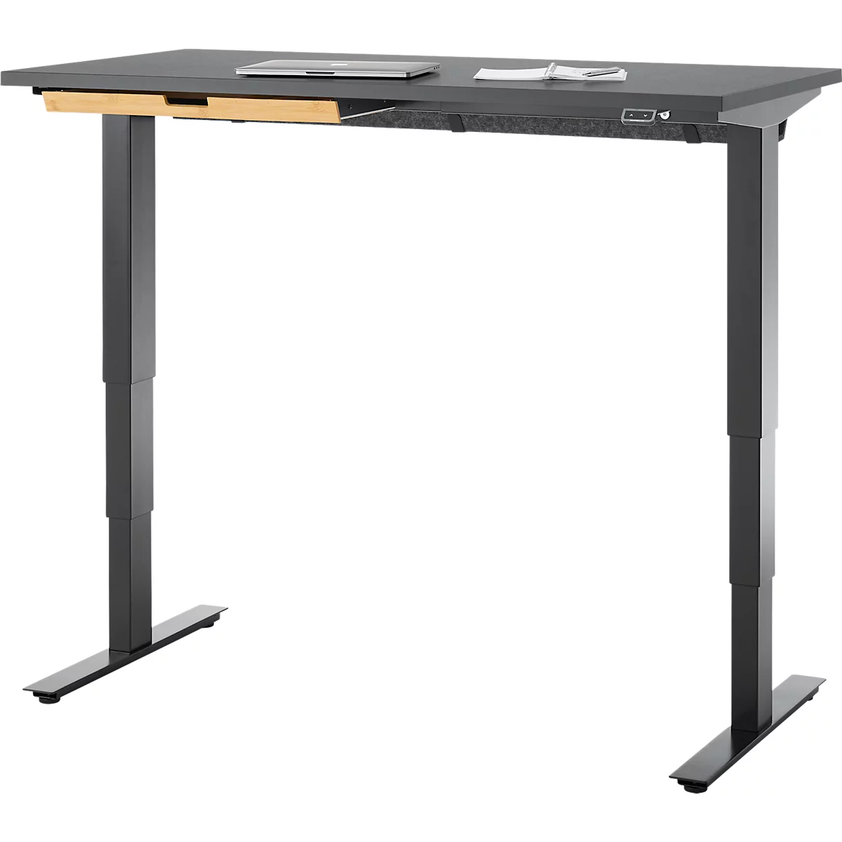 EHV Schreibtisch mit Bambus-Zubehörschublade & Kabelkanal aus Recyclingfilz, elektrisch höhenverstellbar, B 1300 x T 650 mm, graphit/schwarz
