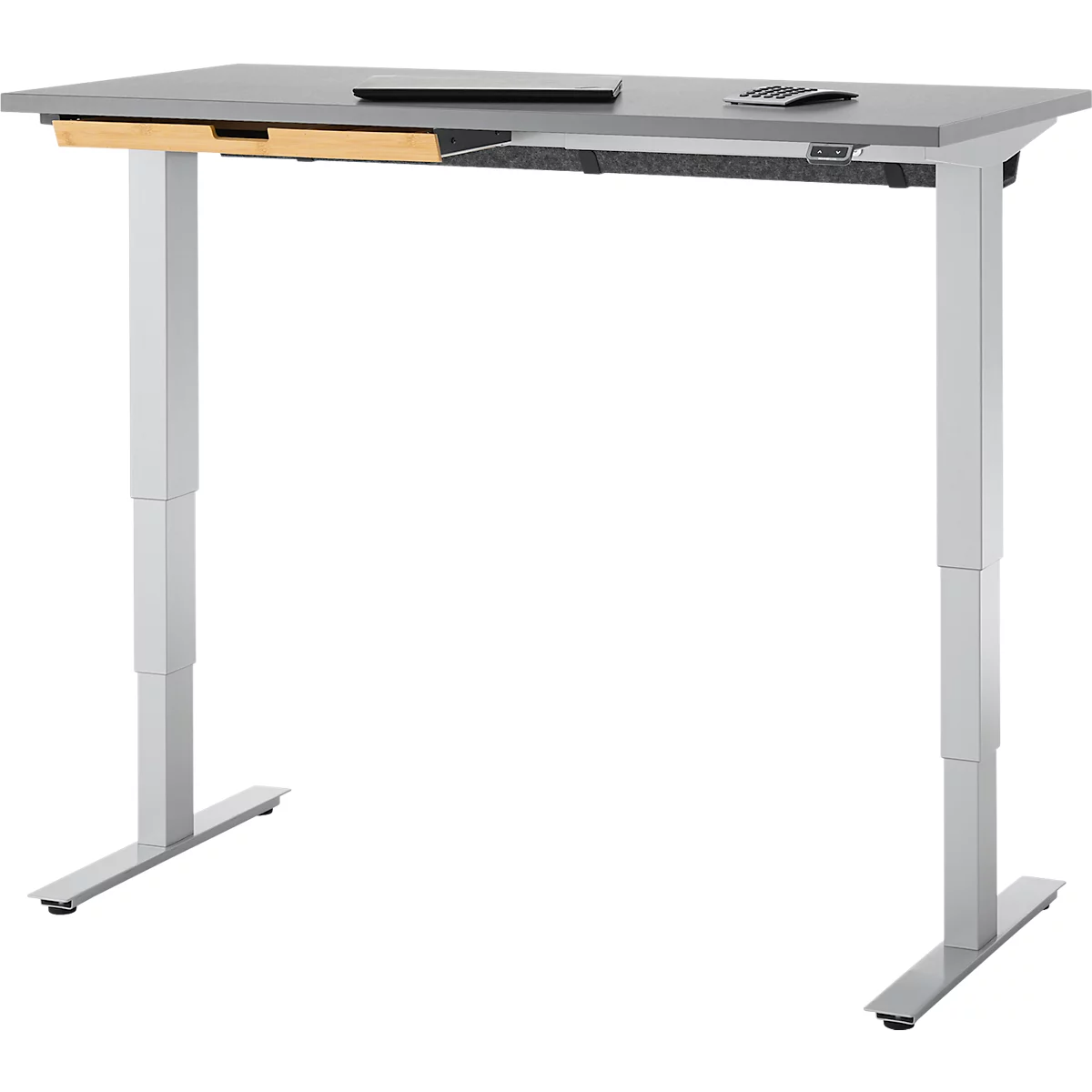 EHV Schreibtisch mit Bambus-Zubehörschublade & Kabelkanal aus Recyclingfilz, elektrisch höhenverstellbar, B 1300 x T 650 mm, graphit/silber