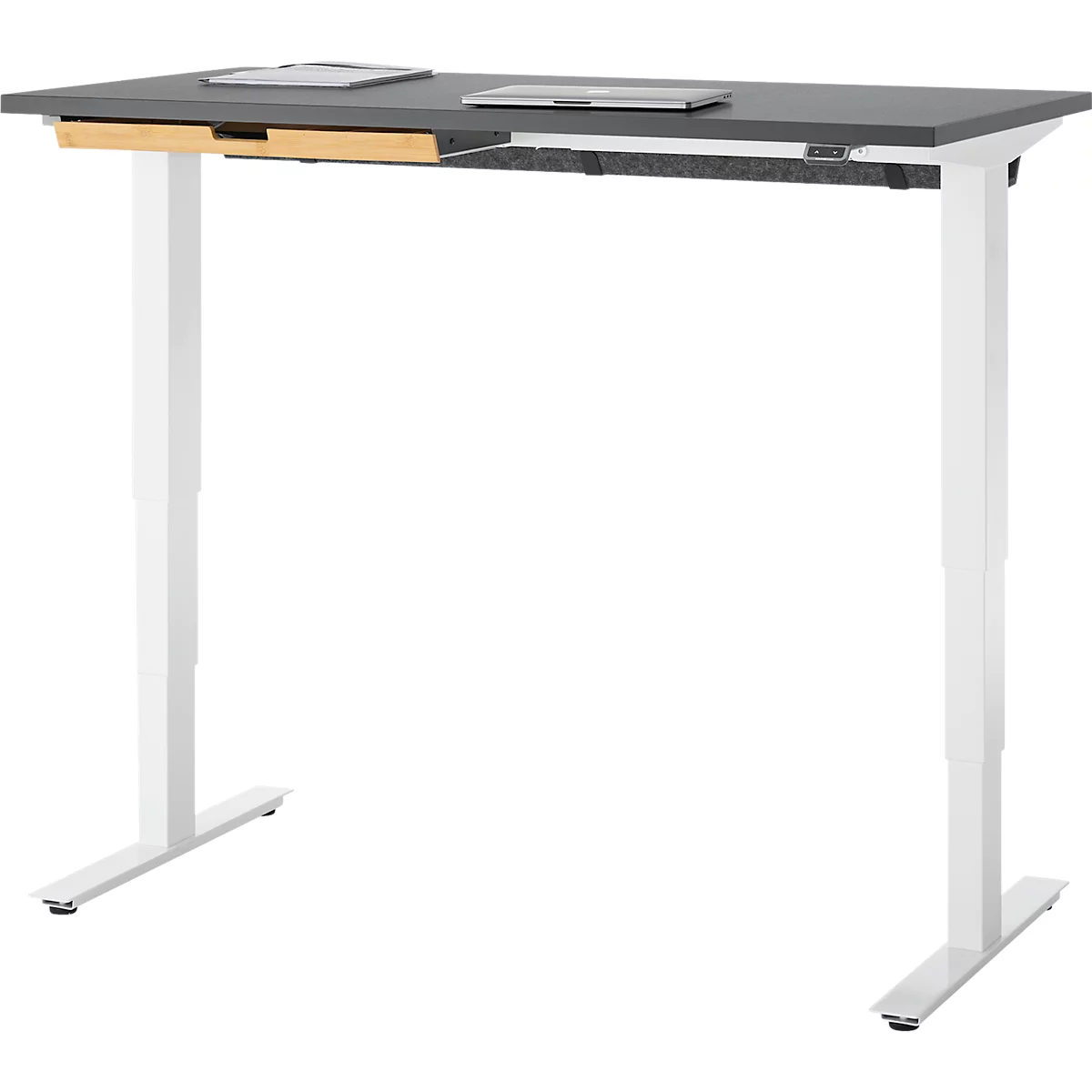 EHV Schreibtisch mit Bambus-Zubehörschublade & Kabelkanal aus Recyclingfilz, elektrisch höhenverstellbar, B 1300 x T 650 mm, graphit/weiß