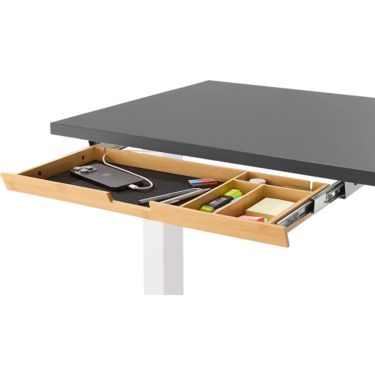 EHV Schreibtisch mit Bambus-Zubehörschublade & Kabelkanal aus Recyclingfilz, elektrisch höhenverstellbar, B 1300 x T 650 mm, graphit/weiß