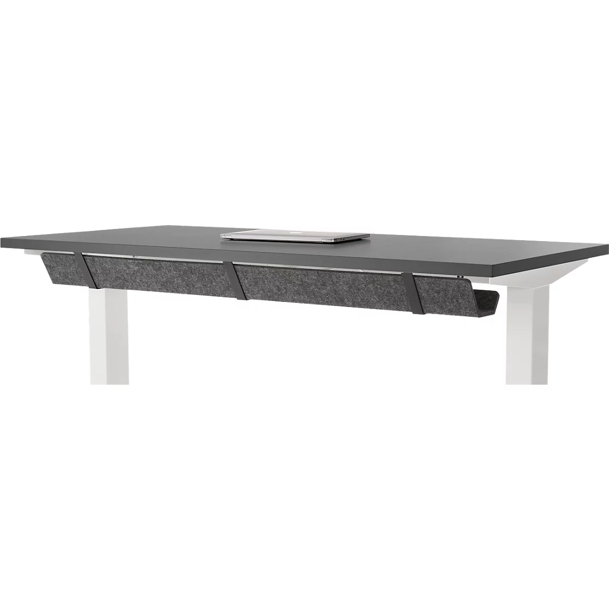 EHV Schreibtisch mit Bambus-Zubehörschublade & Kabelkanal aus Recyclingfilz, elektrisch höhenverstellbar, B 1300 x T 650 mm, graphit/weiß