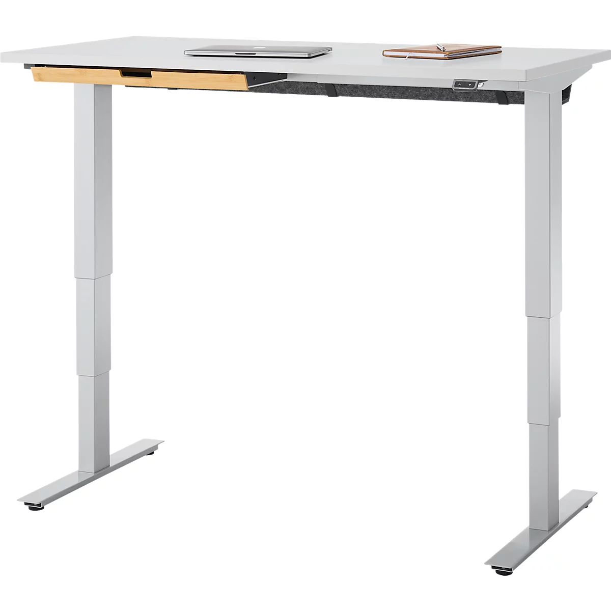 EHV Schreibtisch mit Bambus-Zubehörschublade & Kabelkanal aus Recyclingfilz, elektrisch höhenverstellbar, B 1300 x T 650 mm, lichtgrau/silber