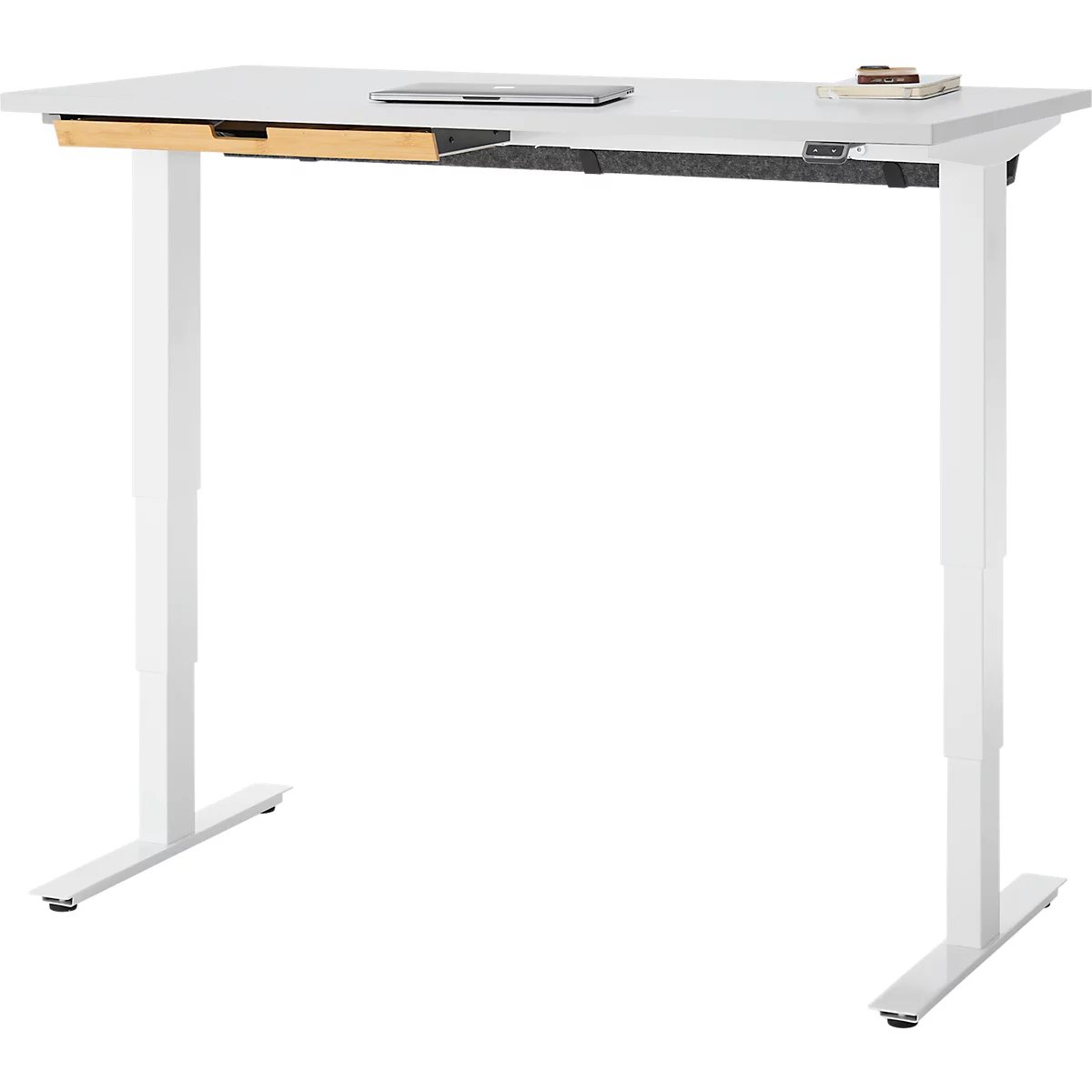 EHV Schreibtisch mit Bambus-Zubehörschublade & Kabelkanal aus Recyclingfilz, elektrisch höhenverstellbar, B 1300 x T 650 mm, lichtgrau/weiß