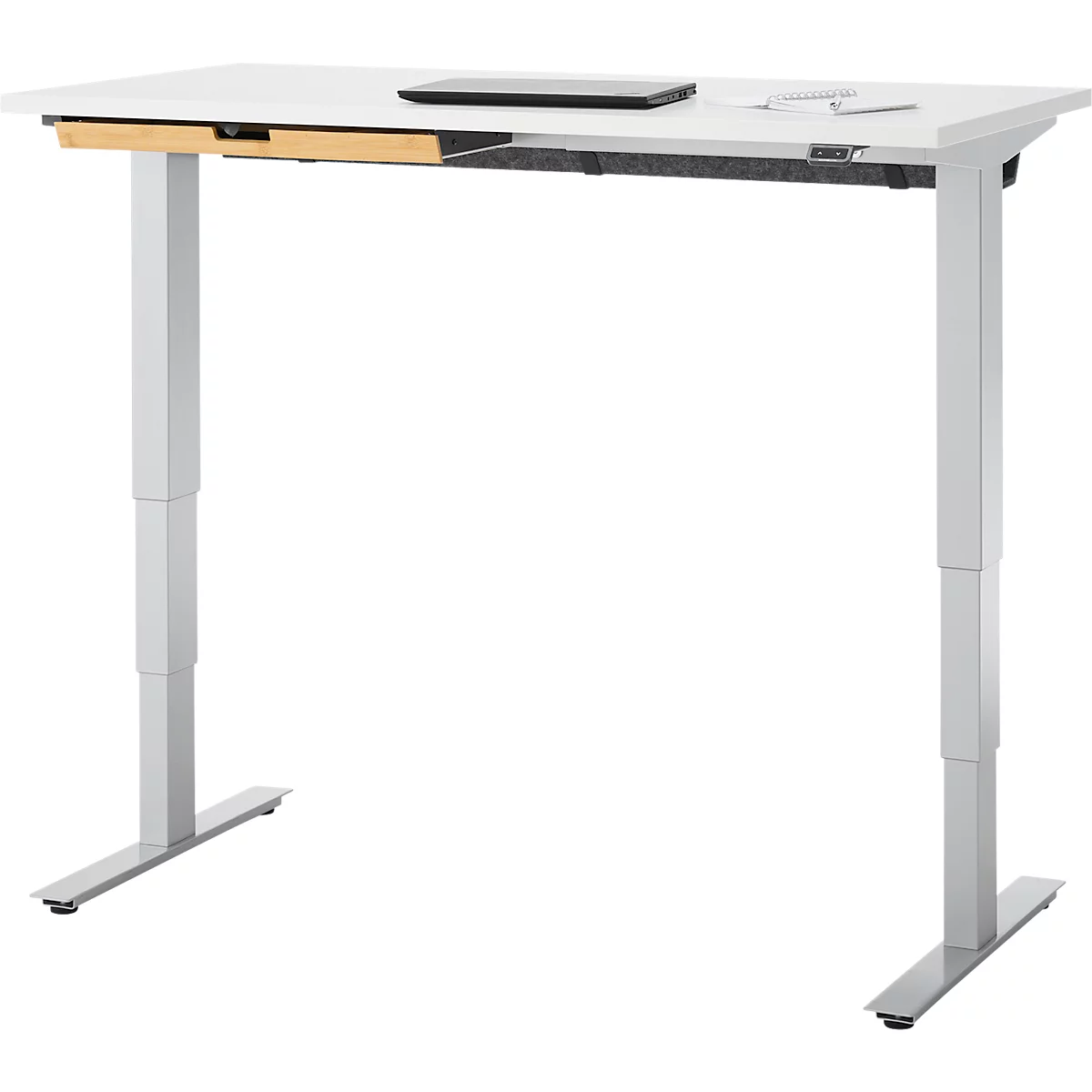 EHV Schreibtisch mit Bambus-Zubehörschublade & Kabelkanal aus Recyclingfilz, elektrisch höhenverstellbar, B 1300 x T 650 mm, weiß/silber