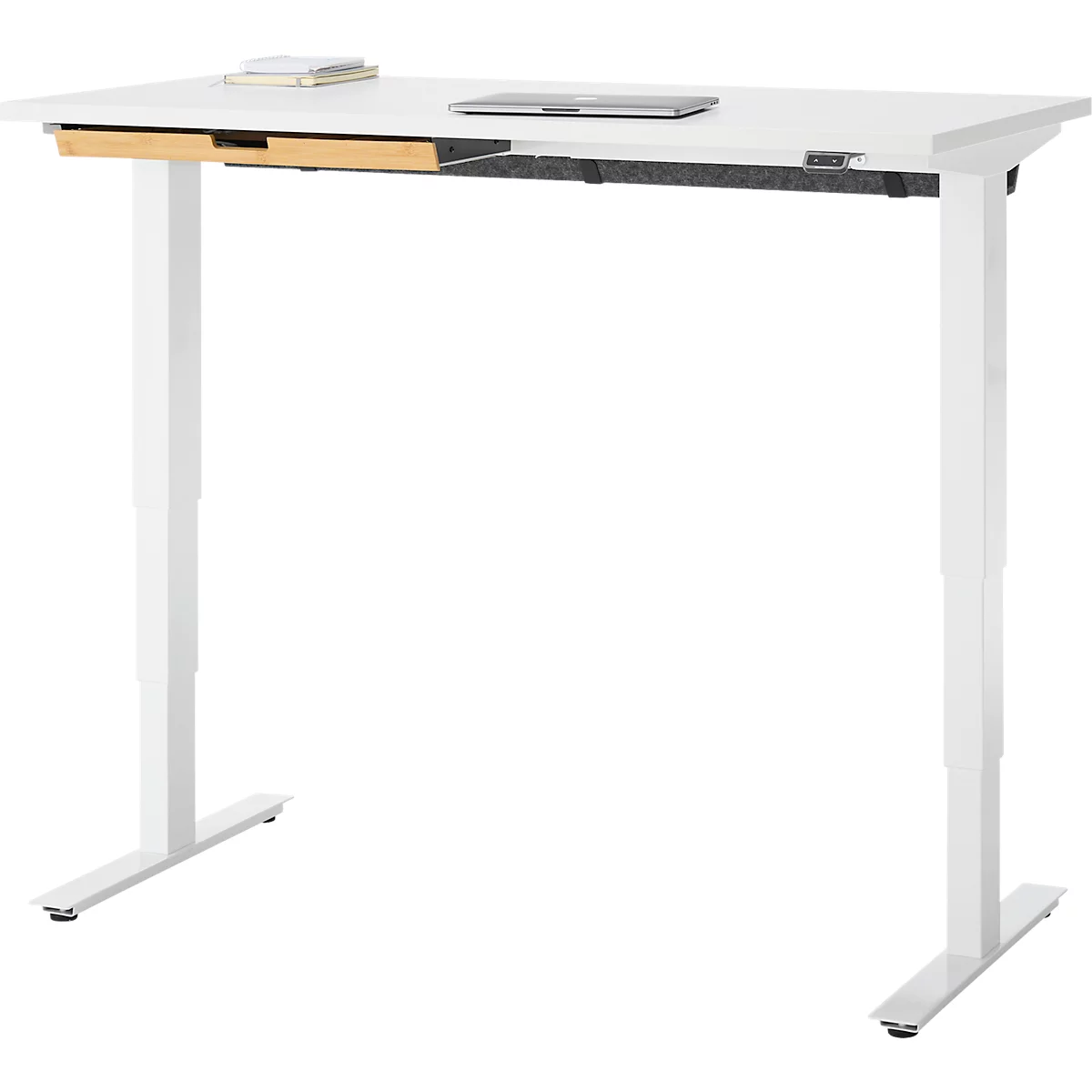 EHV Schreibtisch mit Bambus-Zubehörschublade & Kabelkanal aus Recyclingfilz, elektrisch höhenverstellbar, B 1300 x T 650 mm, weiß/weiß