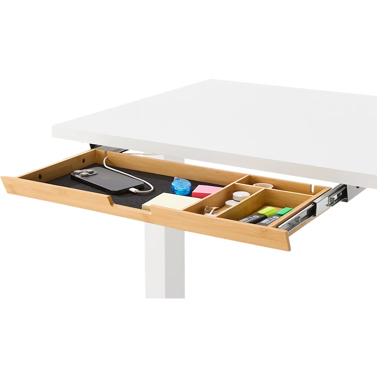 EHV Schreibtisch mit Bambus-Zubehörschublade & Kabelkanal aus Recyclingfilz, elektrisch höhenverstellbar, B 1300 x T 650 mm, weiß/weiß