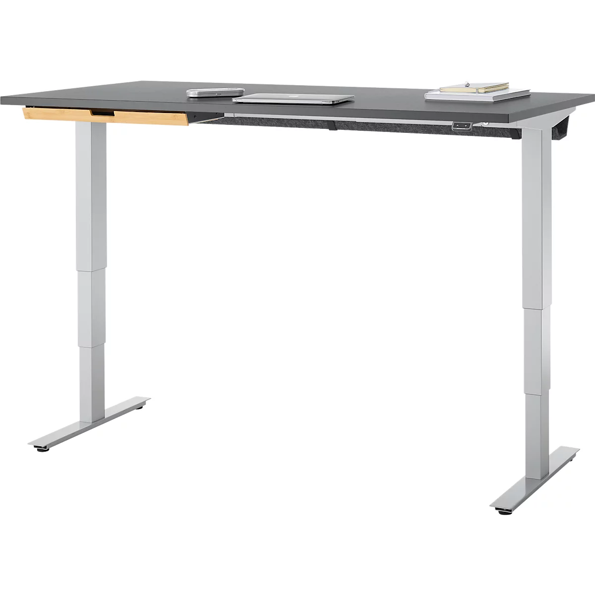 EHV Schreibtisch mit Bambus-Zubehörschublade & Kabelkanal aus Recyclingfilz, elektrisch höhenverstellbar, B 1600 x T 800 mm, graphit/silber