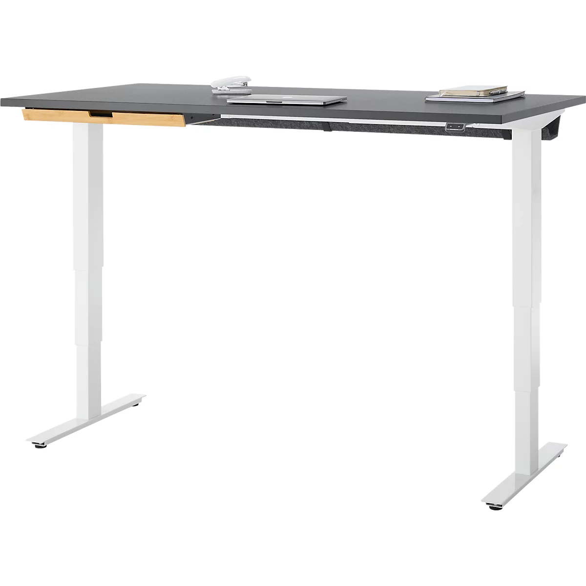EHV Schreibtisch mit Bambus-Zubehörschublade & Kabelkanal aus Recyclingfilz, elektrisch höhenverstellbar, B 1600 x T 800 mm, graphit/weiß