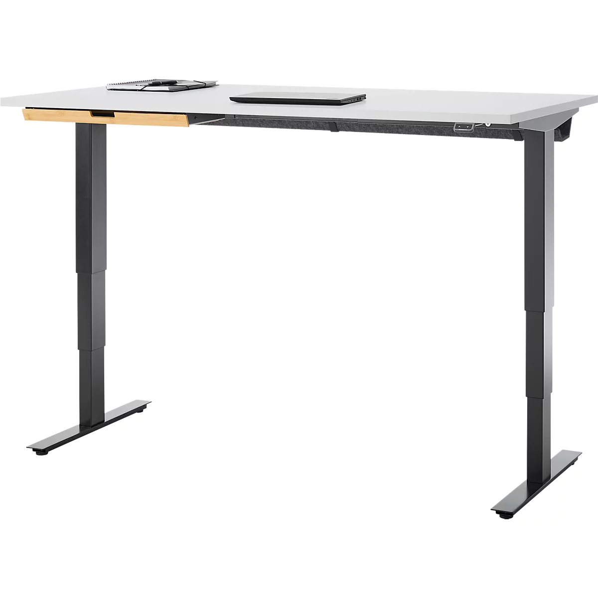 EHV Schreibtisch mit Bambus-Zubehörschublade & Kabelkanal aus Recyclingfilz, elektrisch höhenverstellbar, B 1600 x T 800 mm, lichtgrau/schwarz