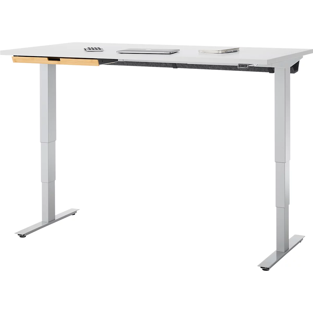 EHV Schreibtisch mit Bambus-Zubehörschublade & Kabelkanal aus Recyclingfilz, elektrisch höhenverstellbar, B 1600 x T 800 mm, lichtgrau/silber