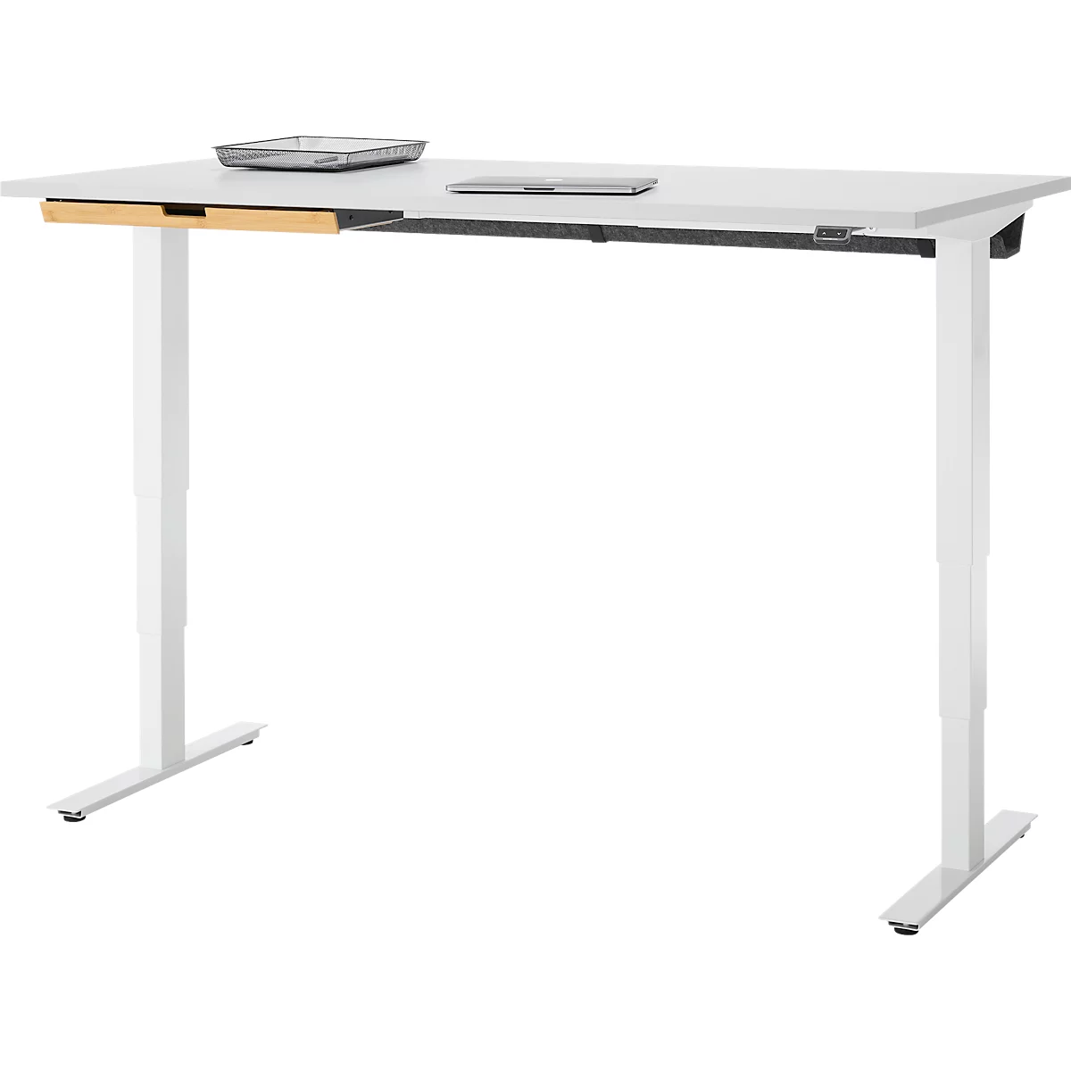 EHV Schreibtisch mit Bambus-Zubehörschublade & Kabelkanal aus Recyclingfilz, elektrisch höhenverstellbar, B 1600 x T 800 mm, lichtgrau/weiß