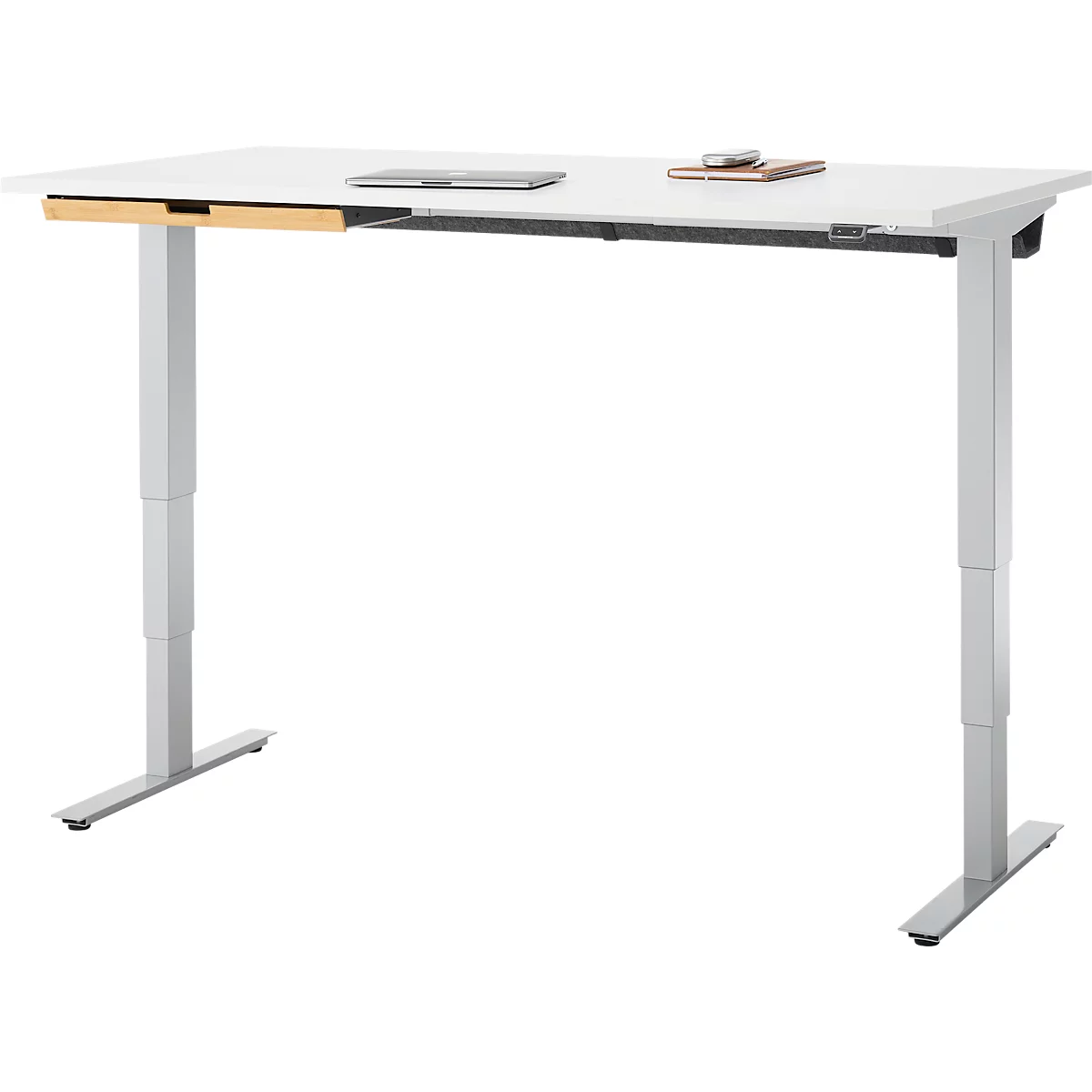 EHV Schreibtisch mit Bambus-Zubehörschublade & Kabelkanal aus Recyclingfilz, elektrisch höhenverstellbar, B 1600 x T 800 mm, weiß/silber