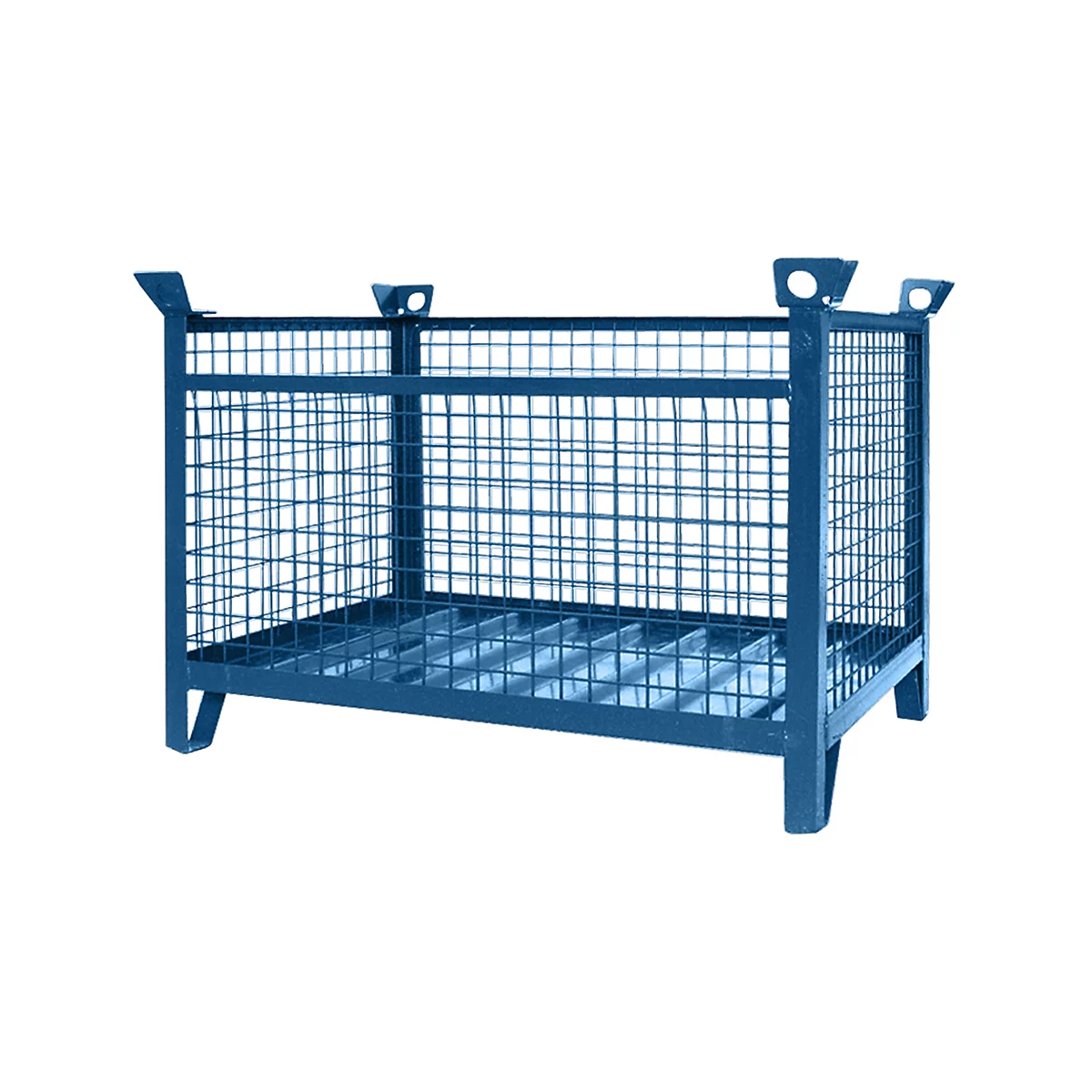Blaues Drahtgitter-Regal mit rechteckigem Grundriss und Griffen.