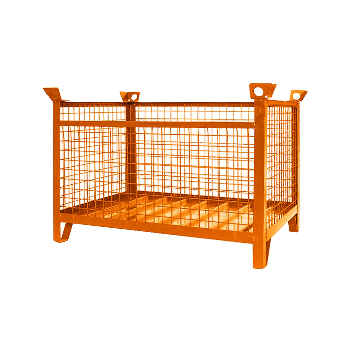 Orangener Drahtkorb vor weißem Hintergrund. Der Korb hat einen rechteckigen Rahmen mit Gitterwänden und -boden.
