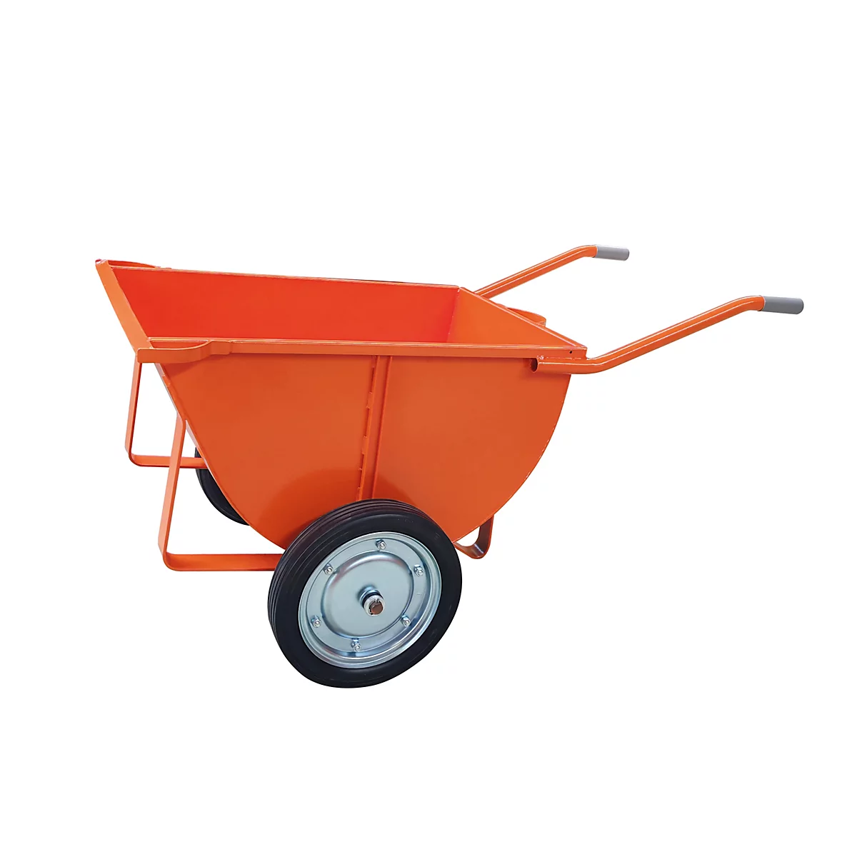 Eine orangefarbene Schubkarre mit zwei Rädern, Metallrahmen und Griffen.