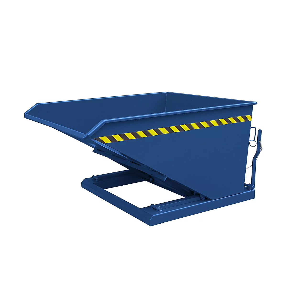 Blauer Kippcontainer. Gelb-schwarzer Warnstreifen. Hebevorrichtung aus Metall.