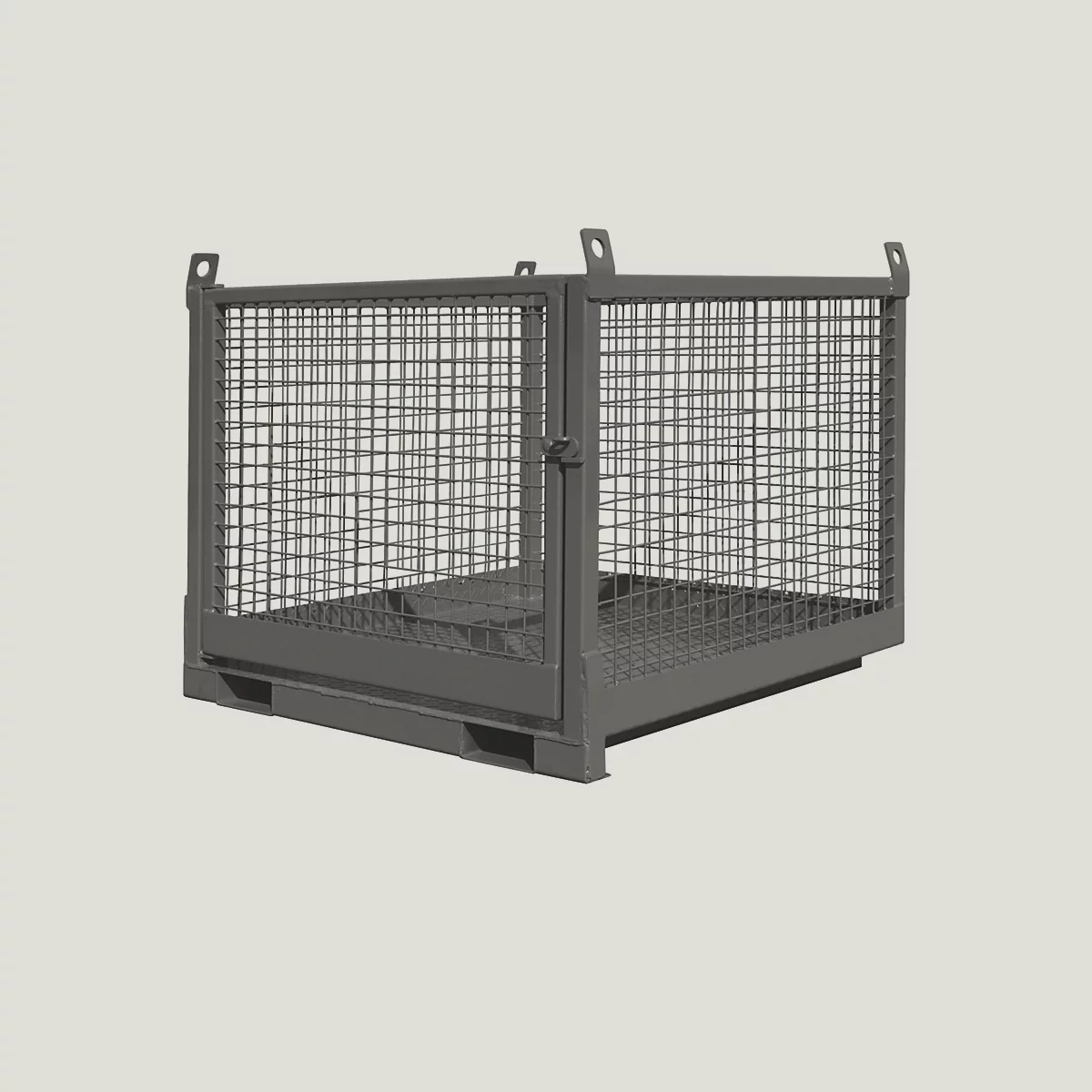 Grauer Metallkorb mit Gitterwänden und einer Tür; vor neutralem Hintergrund.